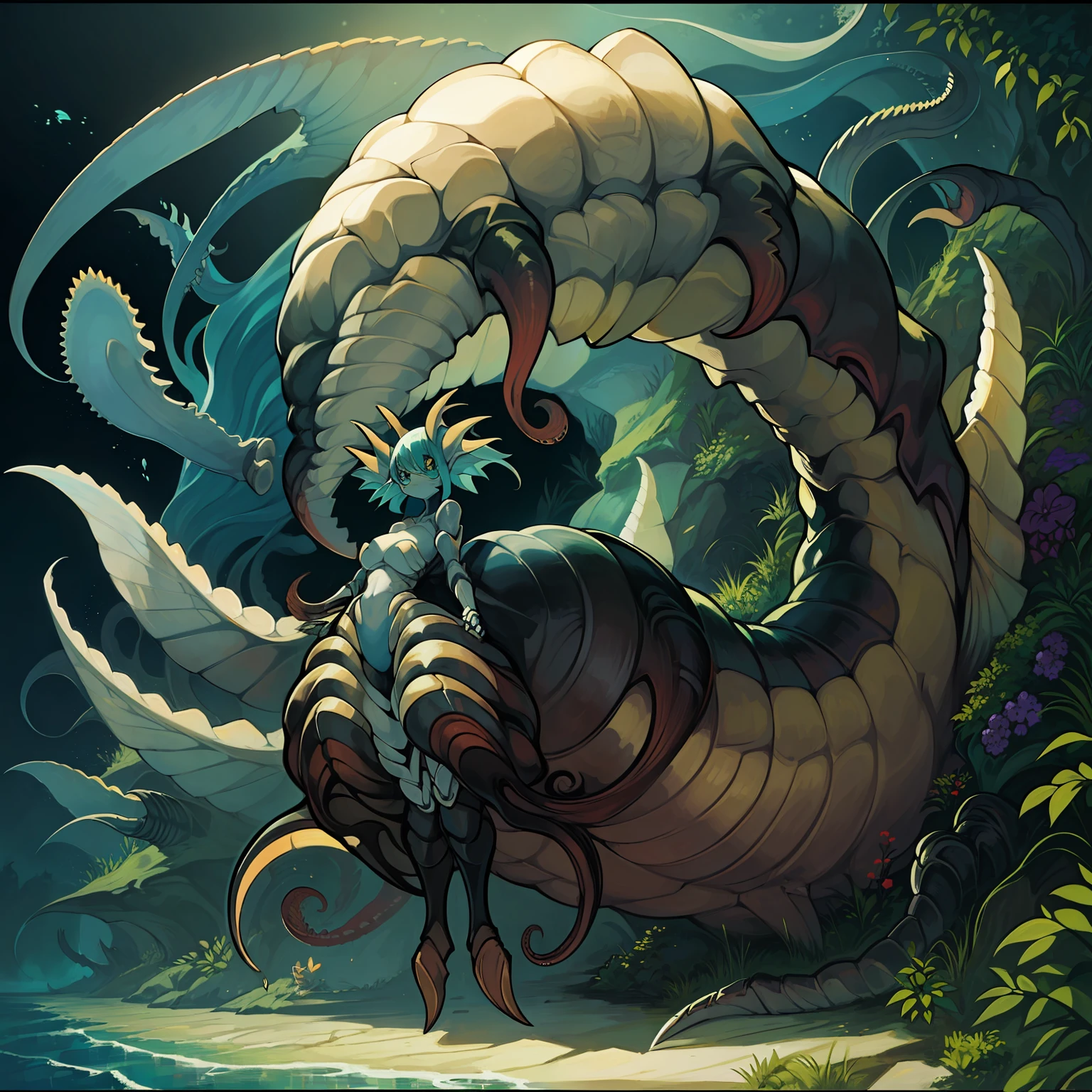 ((Beautiful girl fused with Anomalocaris. Female Solo. Two thick tentacles with joints sprout from her)). She has sharp fins. Her body is wrapped in a hard shell. Big ball-like eyes on her head. sharp claws. tail wrapped in a shell,,. fins on the tip of the tail,,.Big sheep horns.