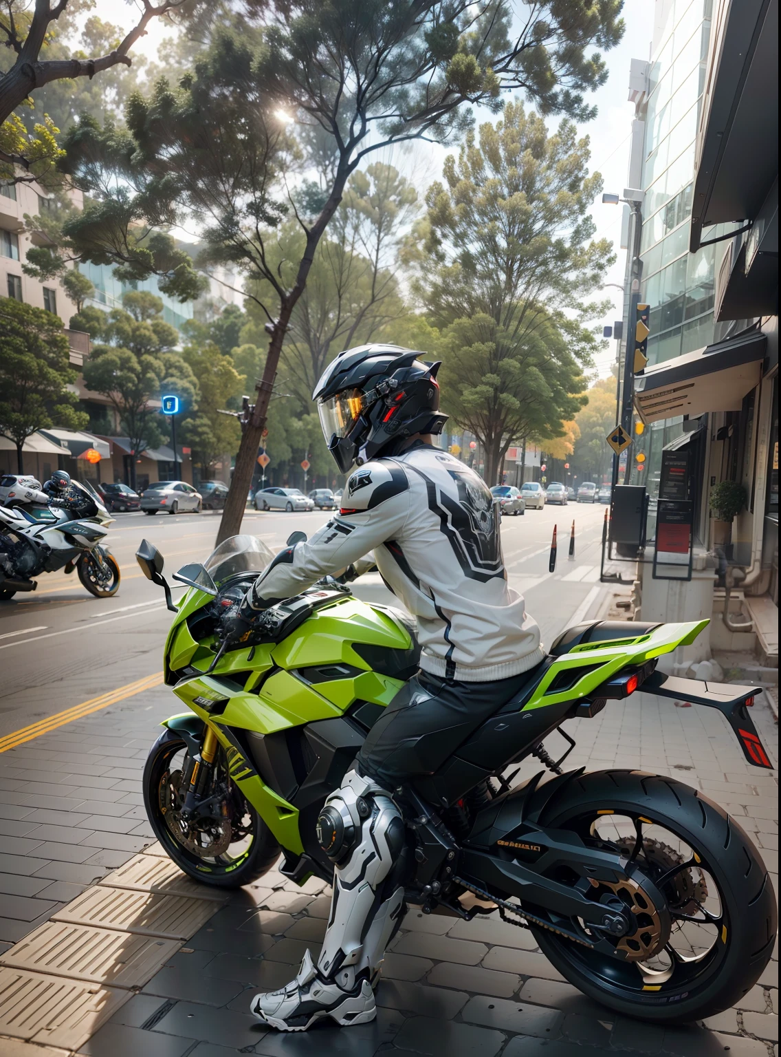 Handsome network, Handsome warrior, Full body mecha,Information mechanical motorcycle,High-tech black high-tech helmet,Nousr, Biomechanicals, MSHN Robot Man,High-tech helmet,hyper realisitc, Steel, Complex design, insanely details, finely detailled, Extremely clear lines, cinmatic lighting, photograph realistic, A detailed masterpiece