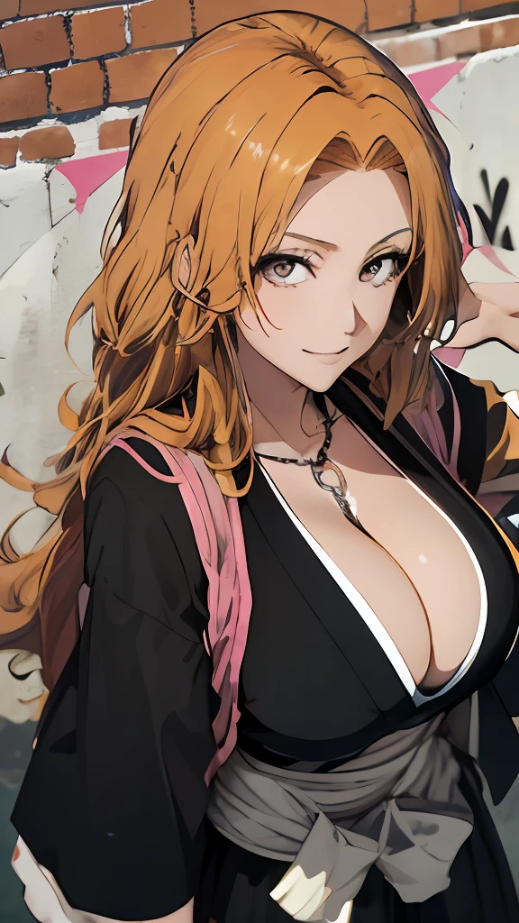 (masterpiece, top quality, best quality, beautiful and aesthetic:1.2), extremely detailed, highest detailed,gray eyes, orange hair | long blonde hair, cleavage, black japanese clothes, black kimono, silver chain, pink shawl, black wide sleeves, white sash,
Matsumoto Rangiku,graffiti art, red wall,from above, huge breast, looking at viewer, smile,