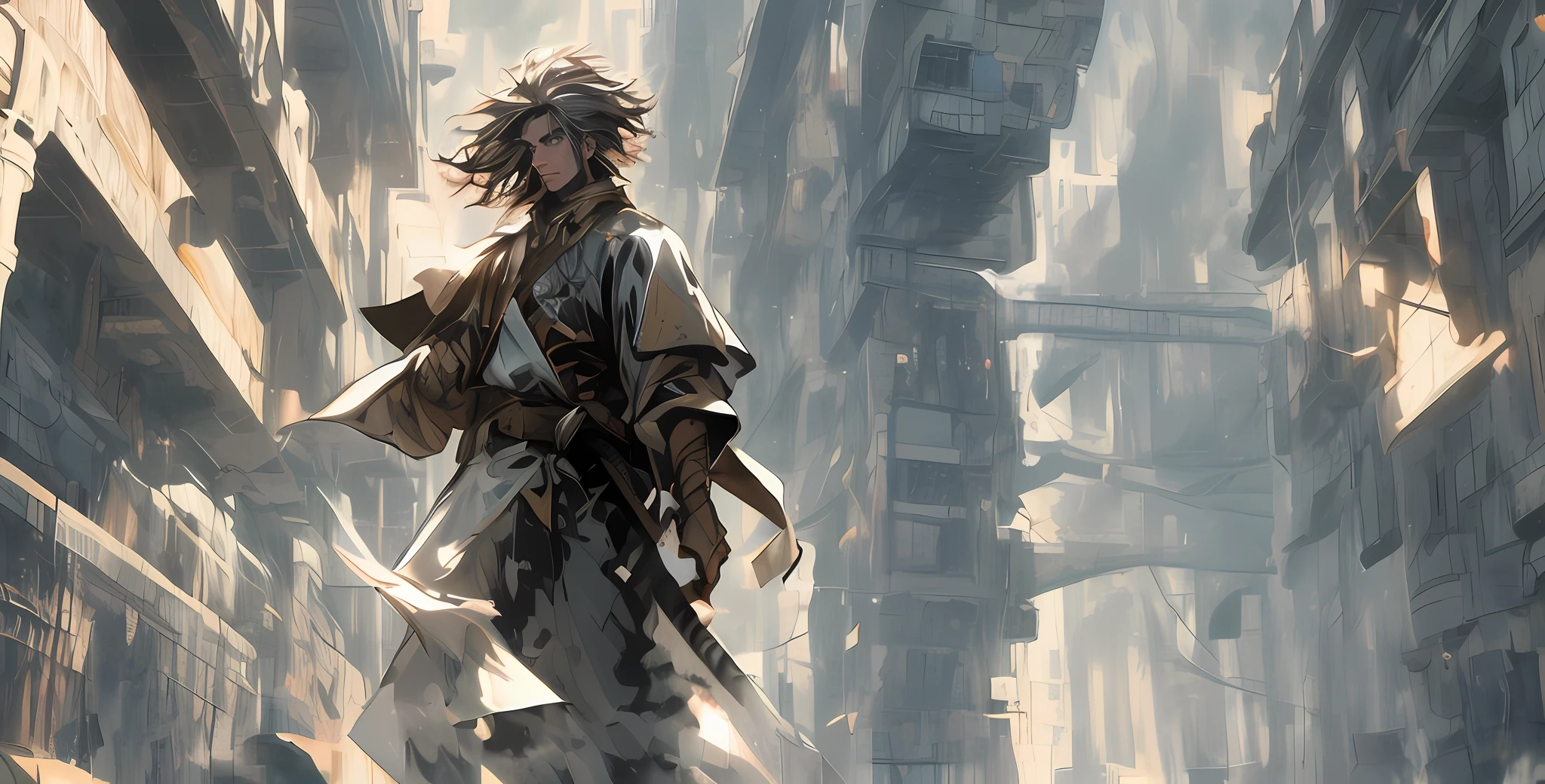 There is a figure painting of a man with hair,swordsmen,up-close,Armor