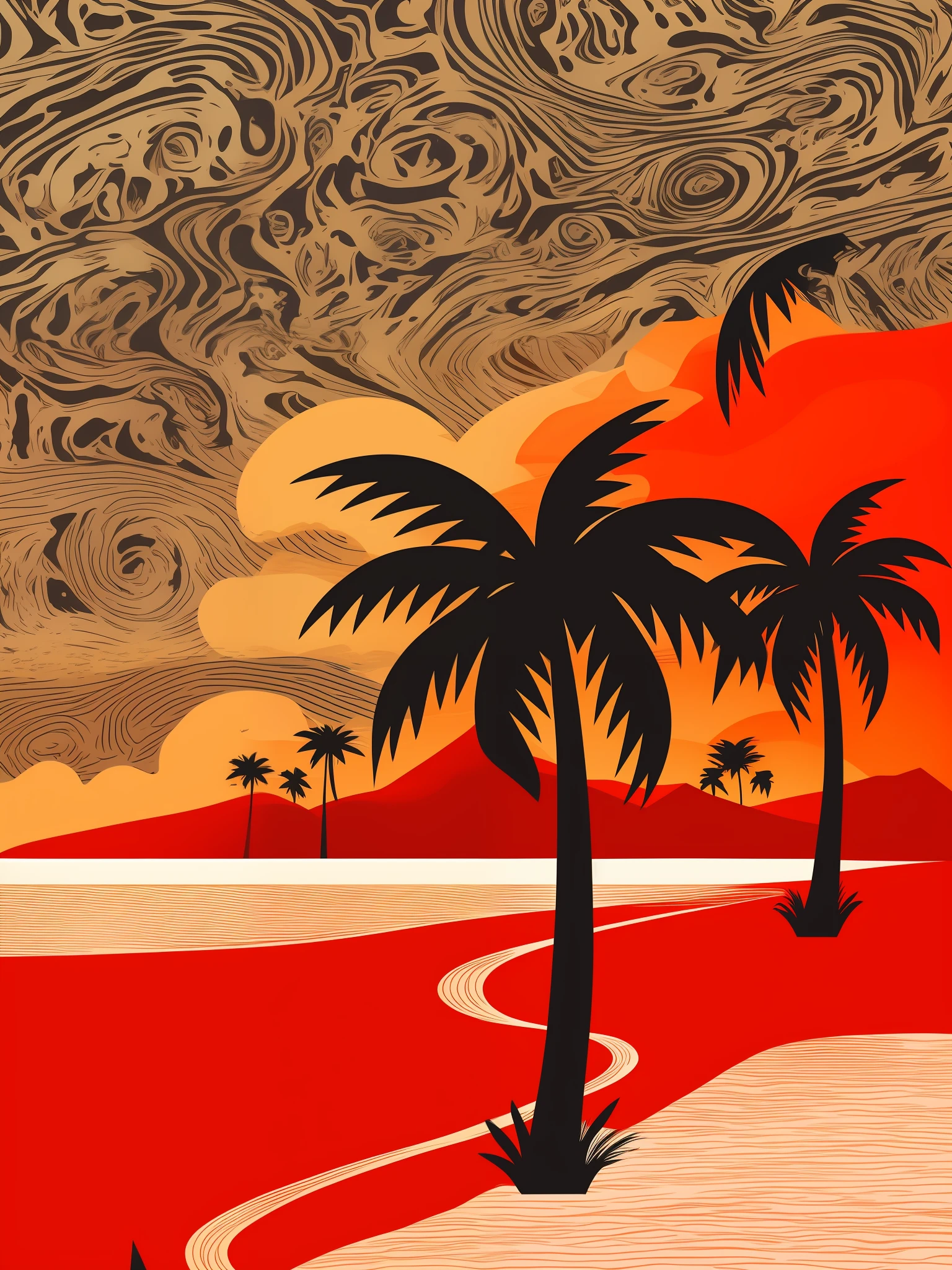 Draw a poster,It has the texture of a sandy beach,Summer style,The whole has a paper feel,drawn on paper,Oil painting type,Semi-realistic style,Red and black color scheme,AC Milan color scheme,Overall clean