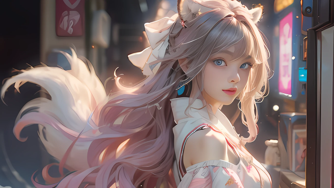 （（best qualtiy））， （（tmasterpiece））， （detail：1.4）， Beautiful cyberpunk female images，hdr（HighDynamicRange），Ray traching，NVIDIA RTX，Hyper-Resolution，illusory 5，sub surface scattering，PBR textures，post-proces，Anisotropy Filtering，depth of fields，maximum definition and sharpness，Many-Layer Textures，Albedo e mapas Speculares，Surface coloring，Mitsu-Accurate simulation of material interactions，perfectly proportioned，rendering by octane，Two-colored light，largeaperture，Low ISO，White balance，Rule three points、8K raw data、Beautiful bright blue pupils，off-the-shoulder clothes，Fine pupils，Delicate face and eyes，long eyelasher，Blushlush，Delicate and fluffy hair，pink lip，Pure，Cute face，Sweet girl，Artistic sense，Casual wear，Advancedsense，butterflys，Cherry blossom petal，Beautiful hair accessories，Long hair and waist，Hair fluttering in the wind，Snow-white fox ears，curlies，Snow-white fluffy tail，Positive light，The light from the back window is backlighted