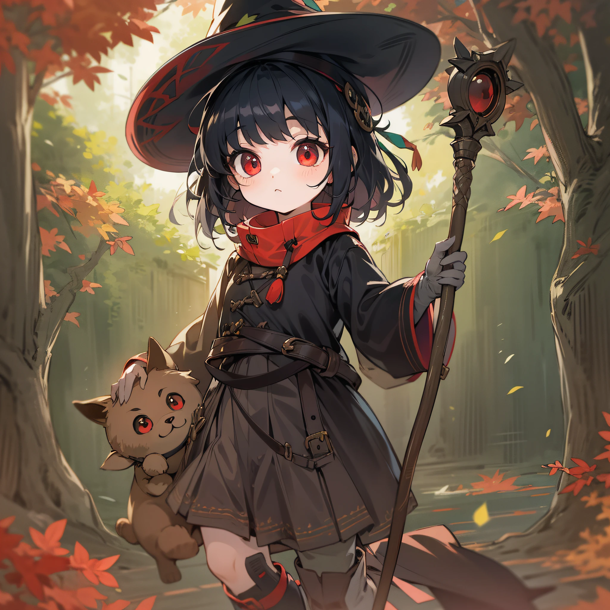 adolable,with short black hair,red color eyes,Wearing a witch hat,Wear a collar around the neck,holding a staff,Feet wear boots,young adorable,style of anime