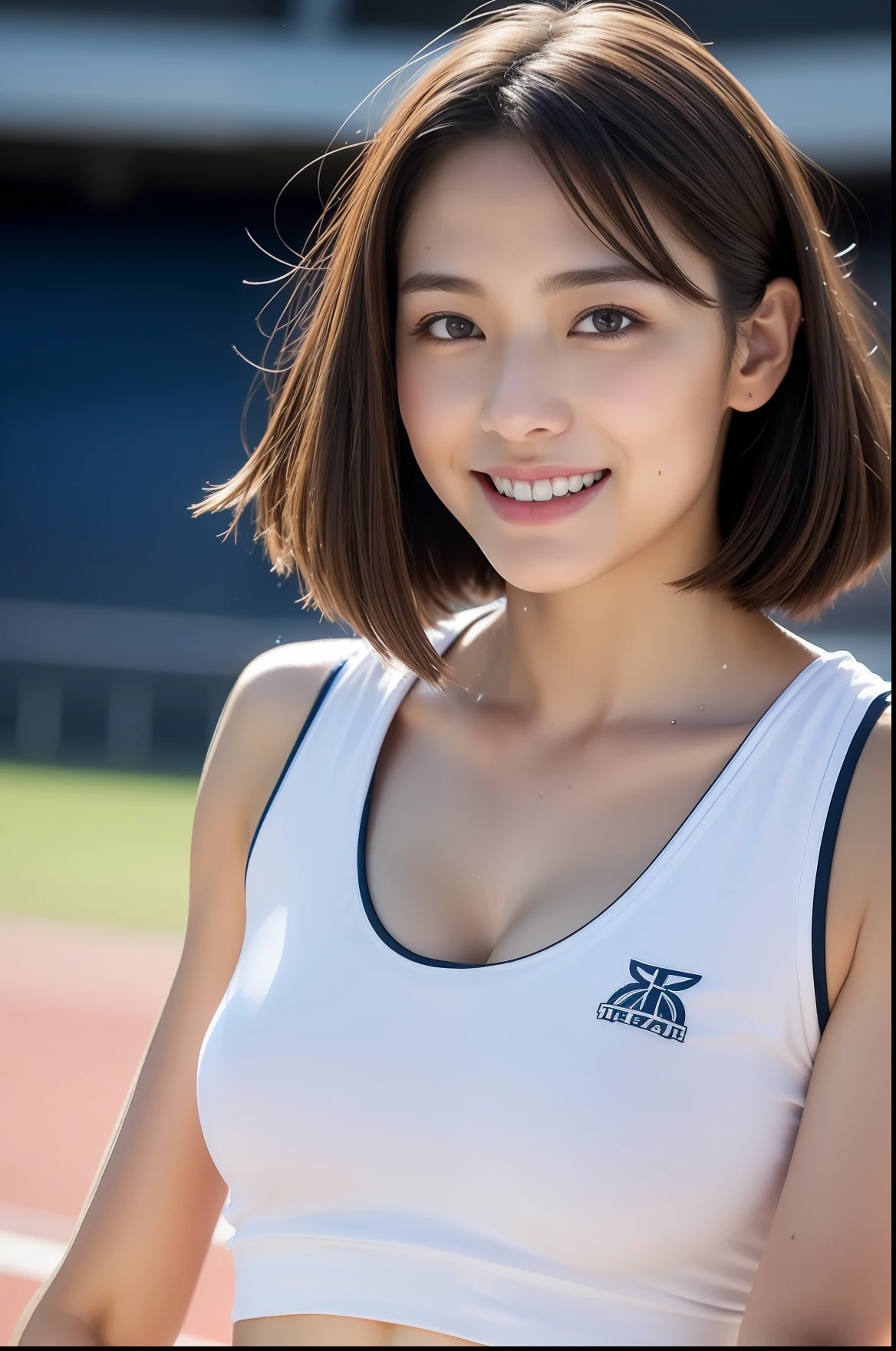 (((Mass sweat)))、1 Beautiful Girl、Wet shirt、a wet body、Super detail armpits、((Track & Field Athletes Women))、(((1人)))、((Short-cut hairstyles))、Competition uniforms、((stadium))、Transcendent cute、A slight smil、Beautiful breasts、full bodyesbian、hairarmpits、athletic field、((Outstanding style))、((Healthy body))、 、Women in Japan、Photorealsitic、Beautiful detailed eyes、Hyper-Realism、highcontrast、Ultra HD、realistic skin textures、Top image quality、top-quality、超A high resolution、Fine details、Very meticulously