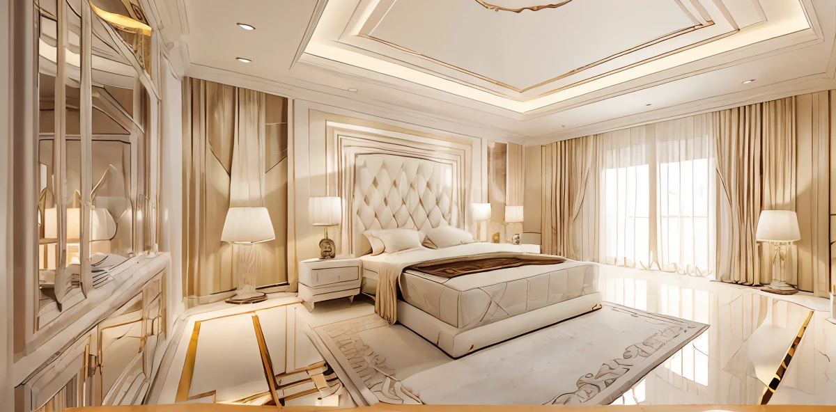 bedroom design neoclassical style, 1 bed upholstered in cream white leather, a square carpet, a dressing table with mirror, white and cream double-layer curtains, flat plaster ceiling running only, colored decorative stone tiles gold with yellow metal thread, ((white rug:1.2)), ((whiten tone:1.2)), glossy marbel floor, whiten tone, (((warm light:1.1))) (((open pose:1.3)))