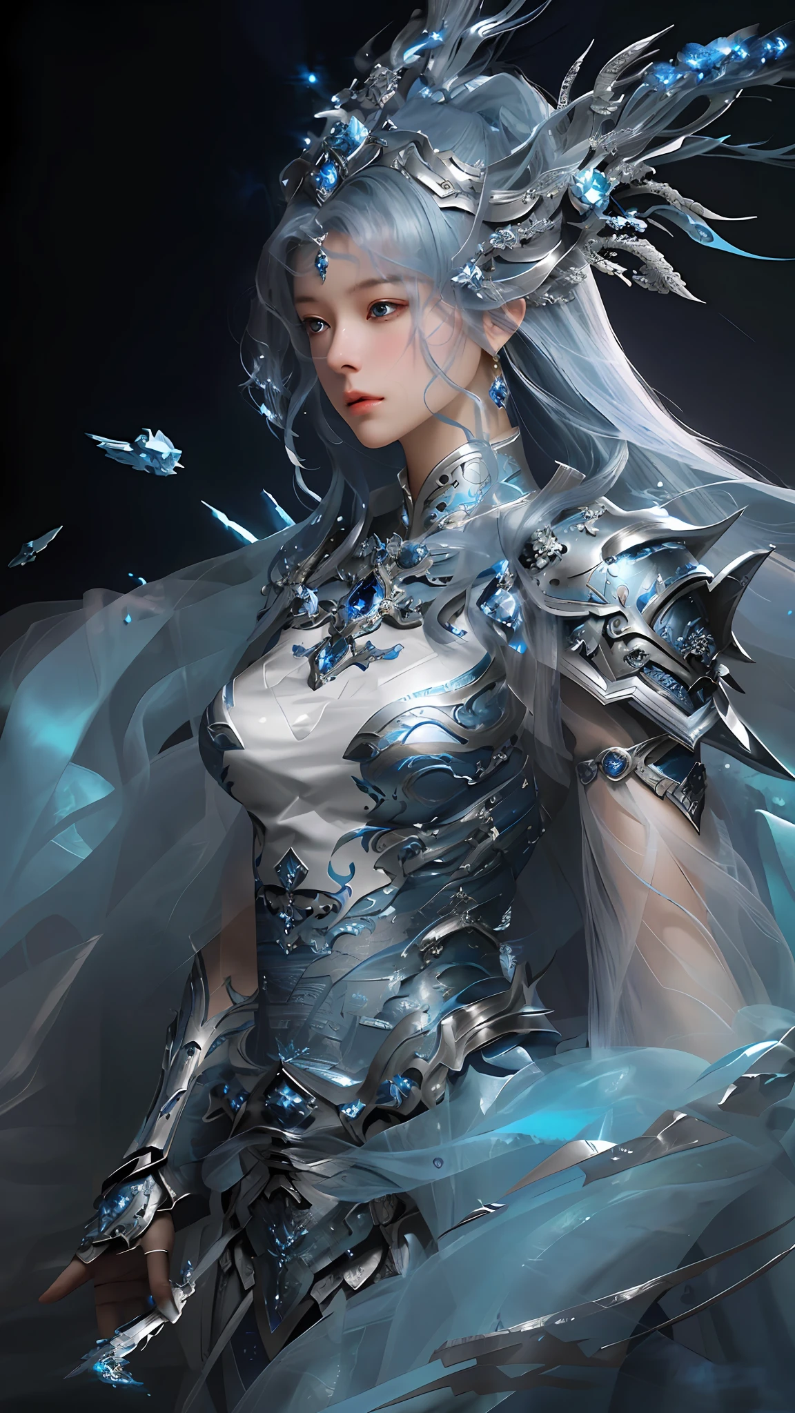 a close up of a woman in a silver and blue dress, chengwei pan on artstation, by Yang J, detailed fantasy art, stunning character art, fanart best artstation, epic exquisite character art, beautiful armor, extremely detailed artgerm, detailed digital anime art, artgerm on artstation pixiv, armor girl