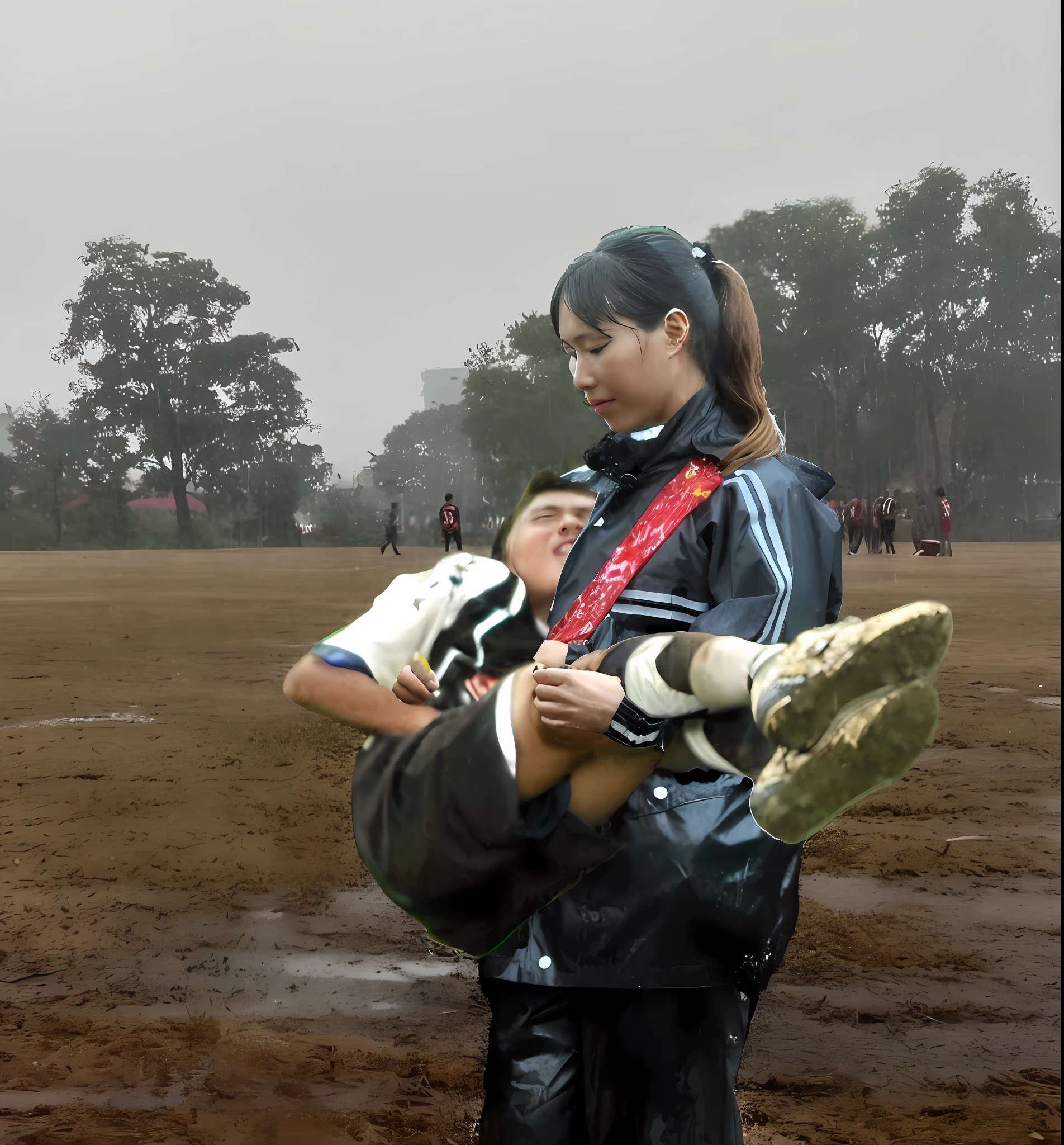 dramatic affection pose, dramatic action pose, there is a first aid scene in a rainy street, theatralic pose, there is a lecherous woman that is carrying a skinny man, there is a beautiful woman in shiny purple raingear who is carrying a blond shorthaired man in her arms, an injured blond man is carried by a girl that is wearing a shiny purple rainsuit, a longhaired beautiful woman in high-shine waterproof clothing, a longhaired woman in a shiny purple pvc suit, a woman is carrying a shorthaired man who is only wearing shorts, a weak man in shorts is consciousless and needs to be carried, a shorthaired man with closed eyes is carried through a rainy street in the arms of a longhaired woman, a woman looks very scared and terrified, a consciousless man with closed eyes is suffering very much and has a very painful face, photo, photo shoot, photographed , accident, help, aid, first aid, pity, lecherous pose