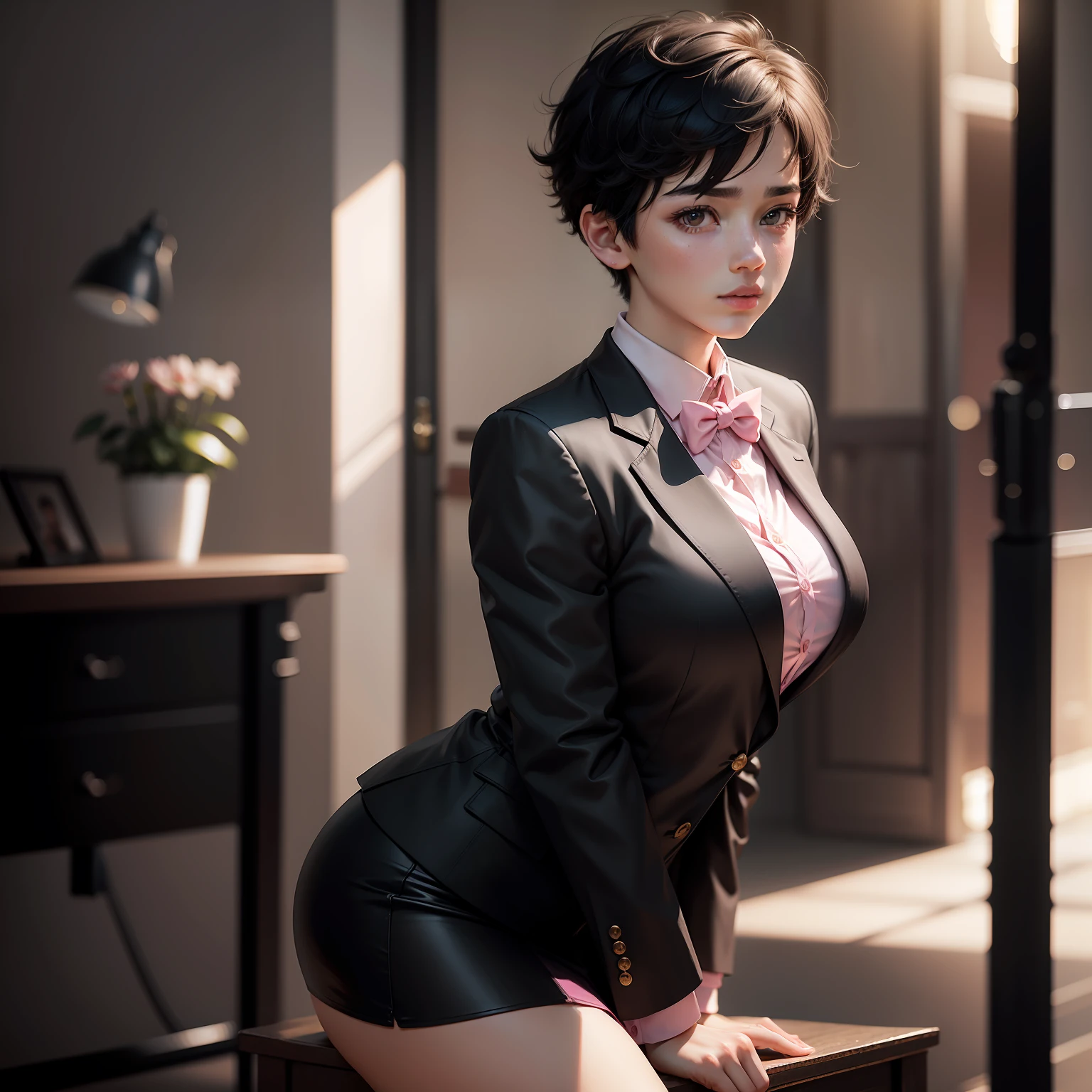 best quality, masterpiece, 1boy, very short black hair, boyish hairstyle, Beautiful face, (photo realistic:1.3), rim lighting, (high detailed skin:1.2), 8k uhd, dslr, high quality, high resolution, 4k, 8k, Bokeh, absurdres, best ratio four finger and one thumb, (realistic:1.3), cute 1boy, wearing pink formal blazer, big breasts, short pink skirt,