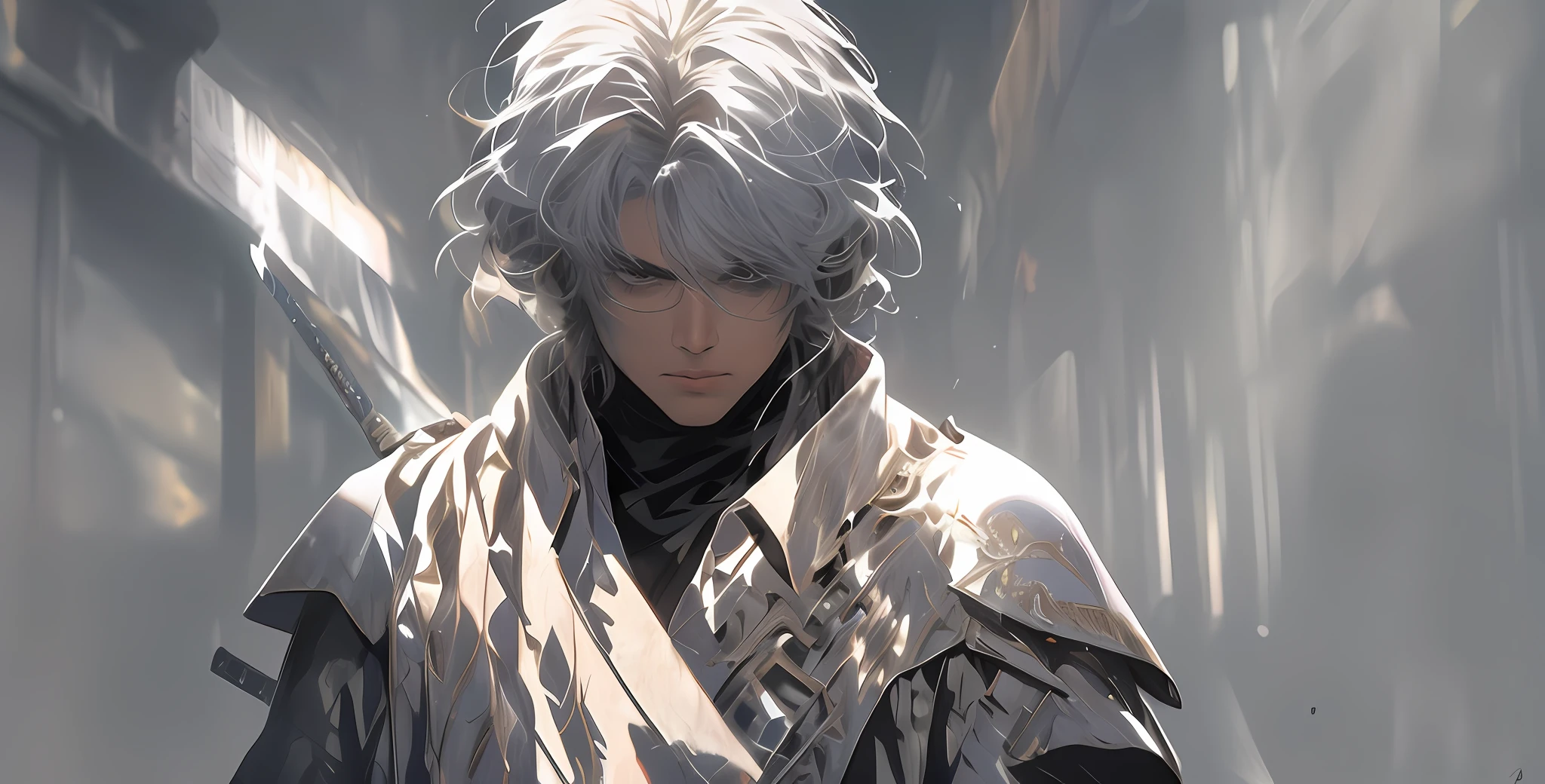 There is a figure painting of a man with hair,swordsmen,up-close,Armor