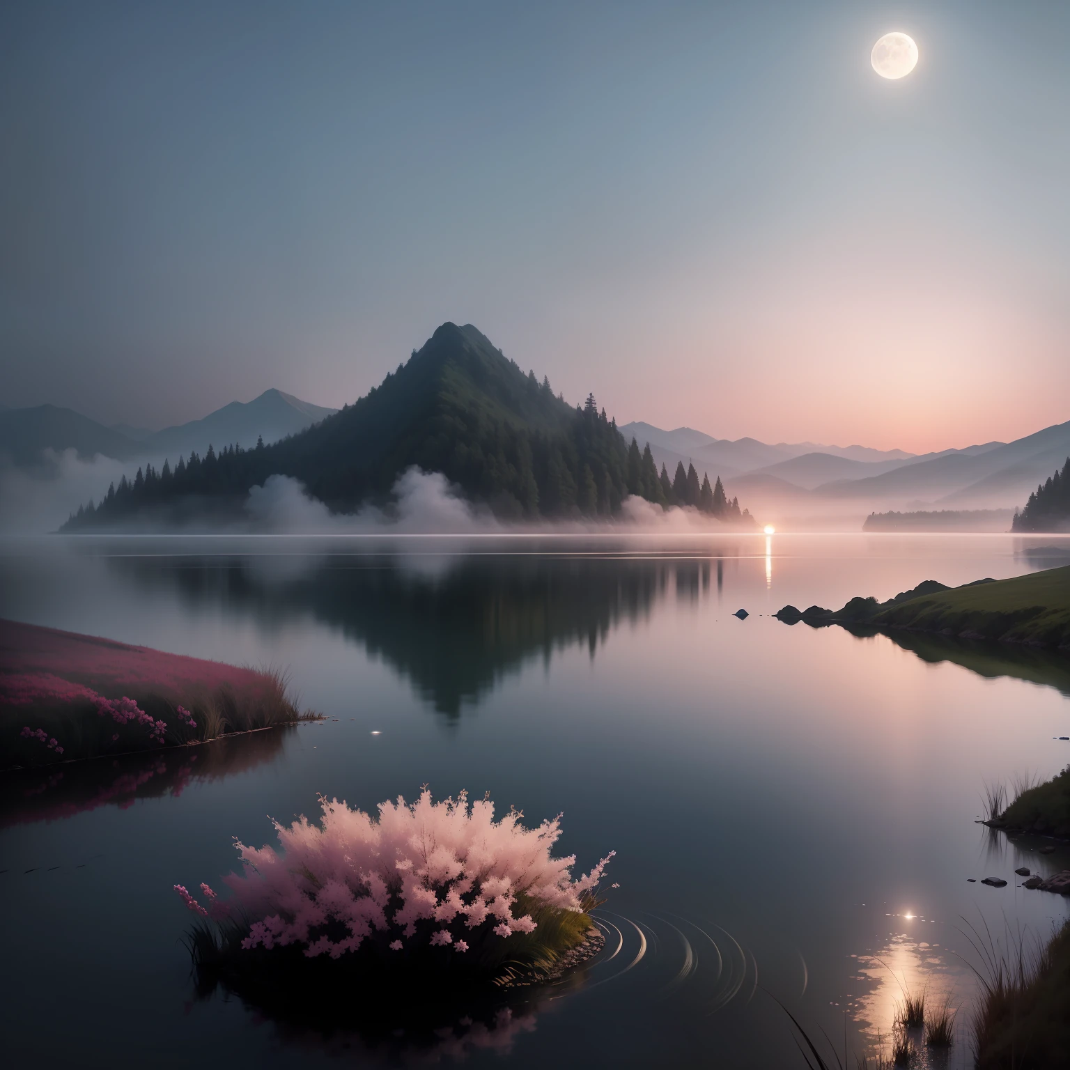 The vast lake,Misty moonlight,Faint floral fragrance。