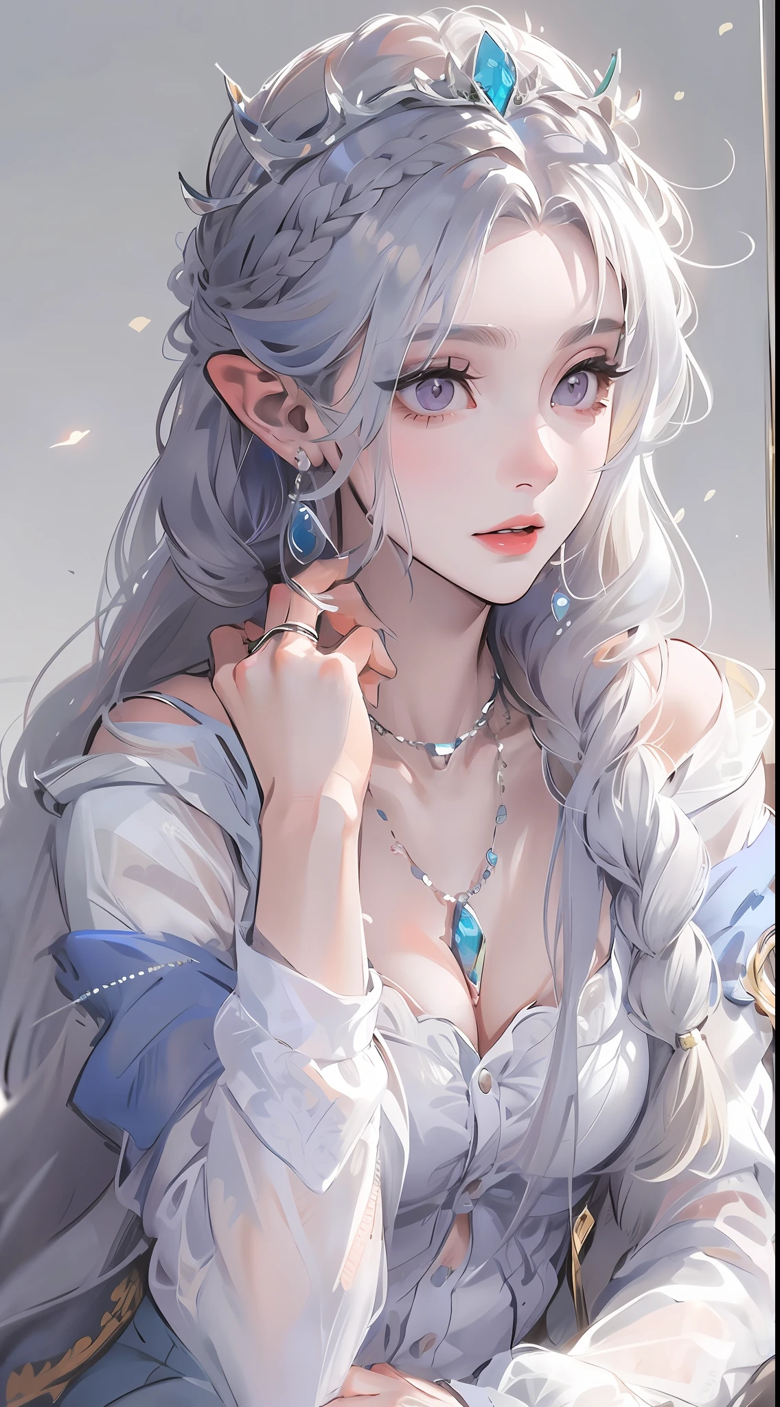 Best quality, highly detailed, masterpiece, ultra detailed, (reality: 1.2), 1 girl, (white background), simple background, delicate eyes, silver hair, purple eyes, hair_ornament, (white off-the-shoulder shirt: 1.3), long hair, pointy_ears, crown_braid, expressionless, straight hair, (++ sitting: 1.2), room,