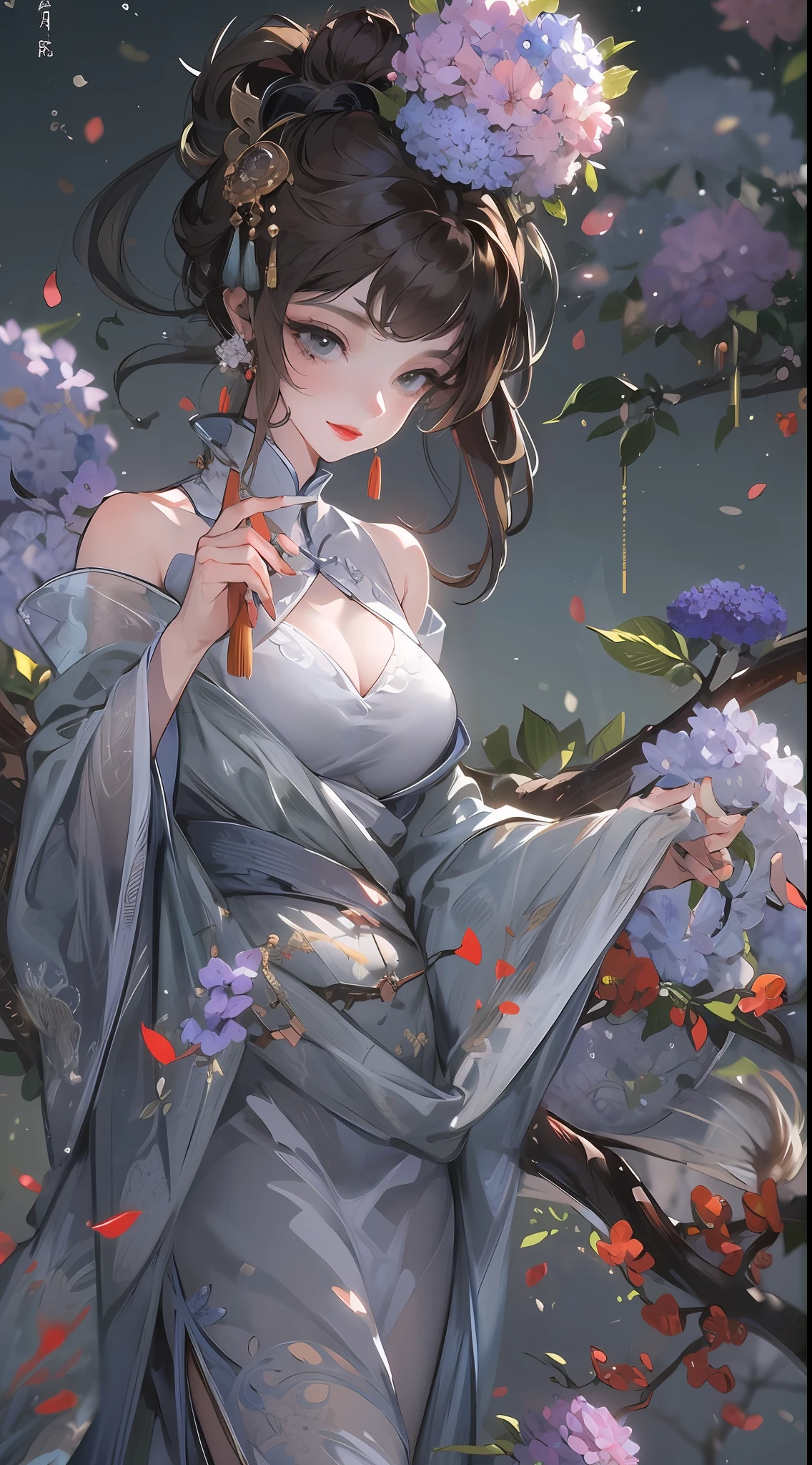 Masterpiece, Superb Product, Night, Full Moon, 1 Woman, Mature Woman, Chinese Style, Antique Chinese, Sister, Royal Sister, Smile, Brunette Hair, Updo, Red Lips, Calm, Intellectual, Hairpin, Hair Flower, Detailed Facial Details, Detailed Eyes, Full Body, Gray Eyes, Long Hair, Hydrangeas