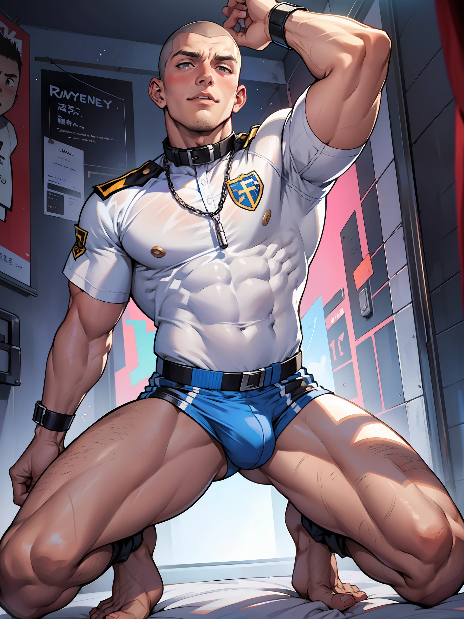 (((1boy))), ((toned)), full body, buzzcut, young, young_boy, hypnotized, dick_out, boner, big_erect_cock, wearing translucent white hero uniform, boner, big bulge, sexy, blushing, drooling, shirts open, standing at attention, hands tied back, wearing dog collar, expression of Intense ecstasy, seductive in bed