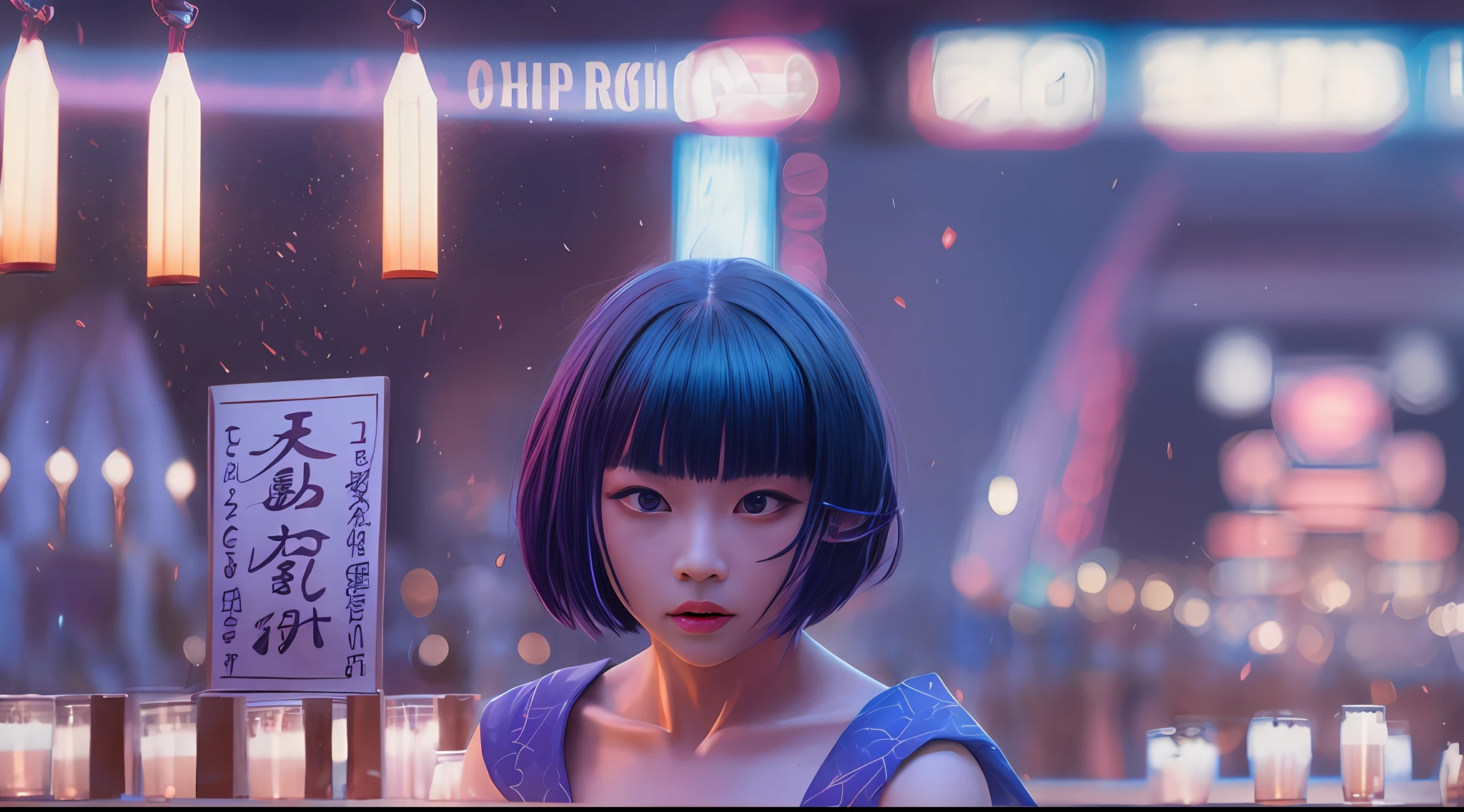 japanese demon chases a beautiful girl、18yo, purple short hair, blue eyes,Conceptual art, best photo shot, glowing light, realistic, UHD, textured skin, masterpiece, anatomically correct, best quality, 8k, full body,