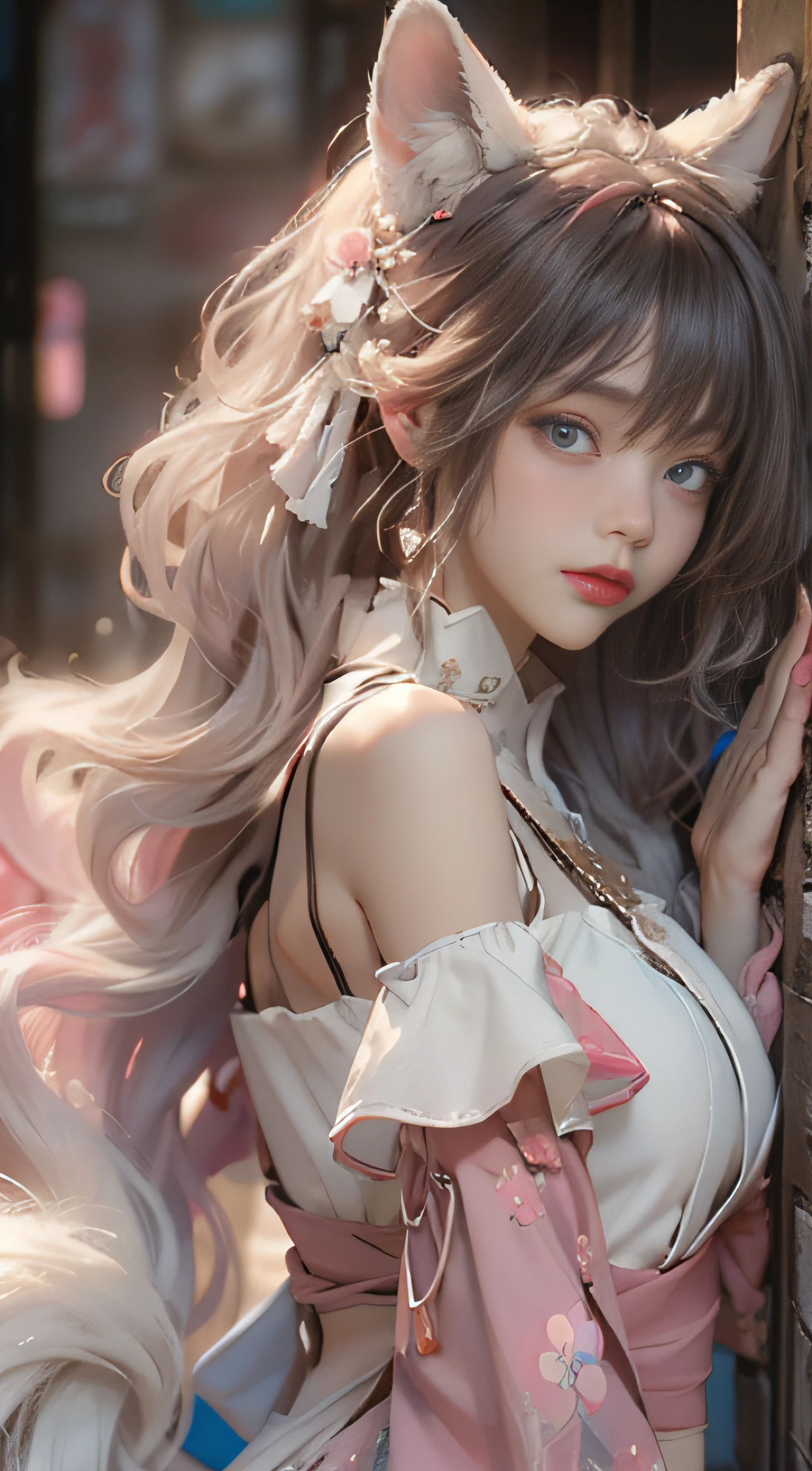 ((best qualtiy)), ((tmasterpiece)), (detail:1.4), Beautiful cyberpunk female images,hdr(HighDynamicRange),Ray traching,NVIDIA RTX,Hyper-Resolution,illusory 5,sub surface scattering,PBR textures,post-proces,Anisotropy Filtering,depth of fields,maximum definition and sharpness,Many-Layer Textures,Albedo e mapas Speculares,Surface coloring,Mitsu-Accurate simulation of material interactions,perfectly proportioned,rendering by octane,Two-colored light,largeaperture,Low ISO,White balance,Rule three points、8K raw data、Beautiful bright blue pupils,off-the-shoulder clothes,Fine pupils,Delicate face and eyes,long eyelasher,Blushlush,Delicate and fluffy hair,pink lip,Pure,Cute face,Sweet girl,Artistic sense,Casual wear,Advancedsense,butterflys,Cherry blossom petal,Beautiful hair accessories,Long hair and waist,Hair fluttering in the wind,Snow-white fox ears,curlies,Snow-white fluffy tail,Positive light,The light from the back window is backlighted