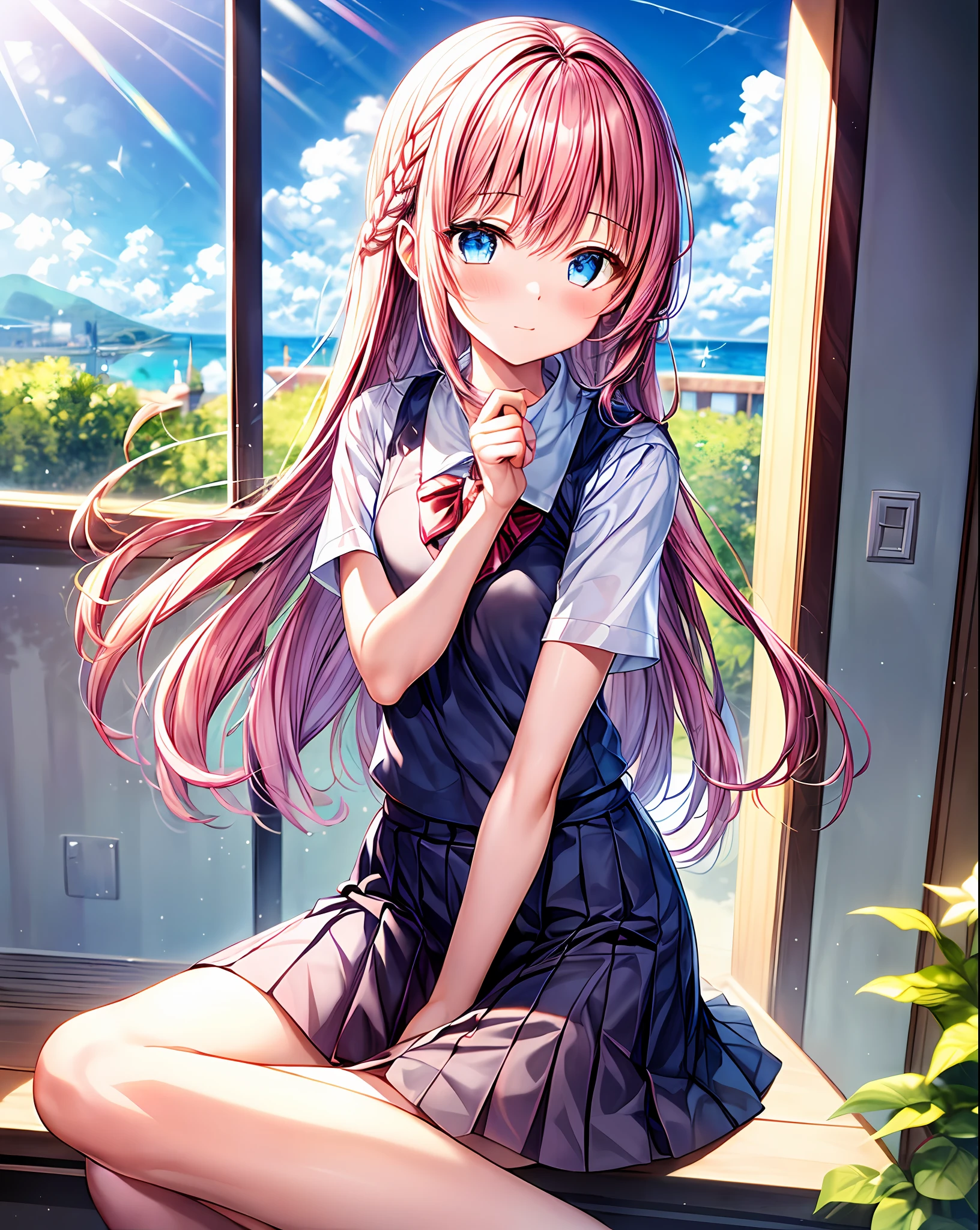 (​masterpiece、top-quality)、1girl in、Long、Pink hair、red blush、light blue  eyes、Braids、school_uniform、short_sleeves、bare_legs、Brown vest、academy、Window、insight、cute  face、rays of sunshine、Blue sky outside the window、Ribbons on clothes、be shy、stairway