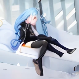 1girll, nedium breasts, long whitr hair, 独奏, mitts, long whitr hair, bodystocking, full bodyesbian, Black gloves, Blue hair, Manteau, head gear, shift dresses, coat on shoulders, lacepantyhose, high-heels, black color dress, pony tails, sit on chair, eBlue eyes, ssmile, Black coat, gloves on the elbow, Cover the navel, Open coat, hair between eye,Hawaiian islands, In the daytime, the sky background, Clouds, Eau,