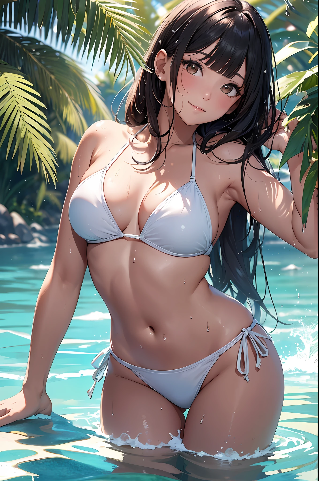 (top-quality、in 8K、32K、​masterpiece、nffsw、ighly detailed、Impresionismo:1.2)、Full body, (blue open sky、Tropical seas、Palm trees:1.4)、realistic shadow、beauitful face、blurry backround、16-year-old beautiful girl、glossy wet skin, Beautiful hair in wet black、Blunt bangs、 side poneyTail、Brown eyes、beauitful face、blurry backround、Wet Light White Bikini Swimsuit、flipflops、Floral hair ornament、A slight smil、skin tanned、Curve、
