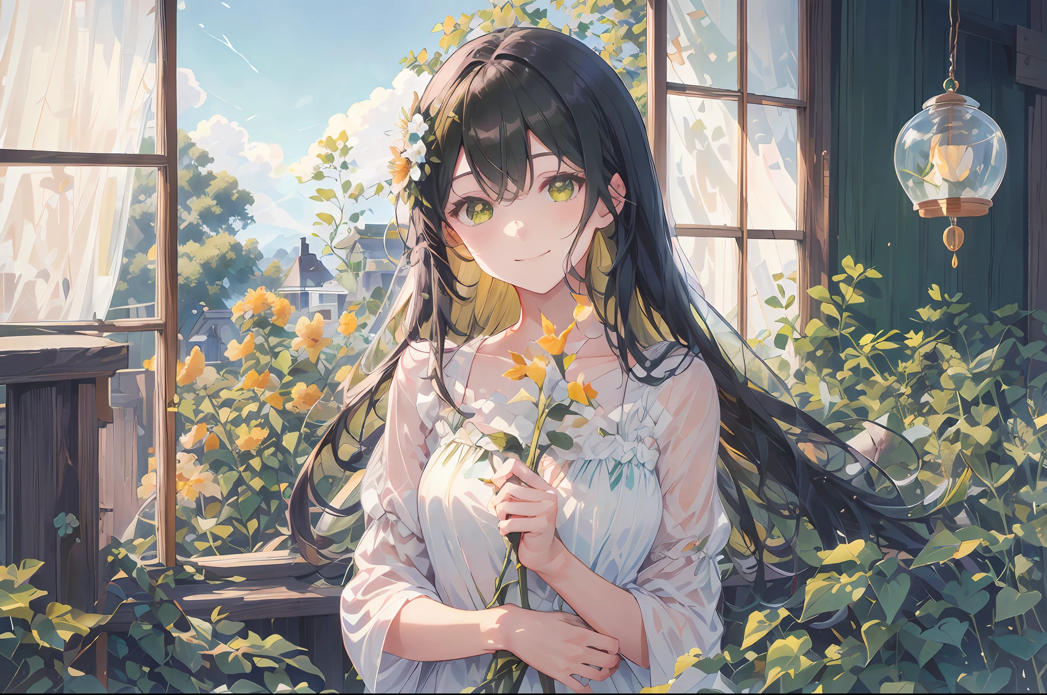cabelos preto e longos,Girl holding a flower in front of the window, (Face the lens),Wooden windows,ssmile,Yellow-green mixed eyes,Fluttering hair,White suspender set,耳Nipple Ring,green leaf,Carillons,best qualtiy,8K,textureskin,gentlesoftlighting,aquarelle,