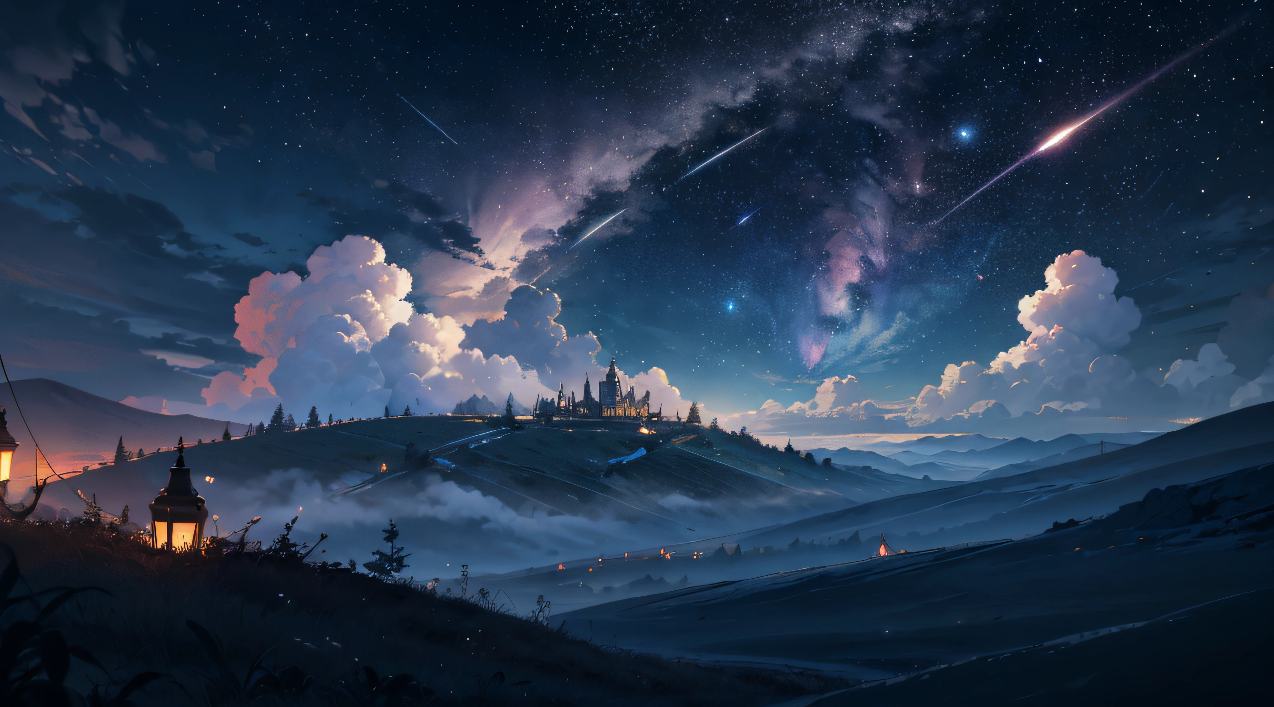 Expansive landscape photograph，（moon full：1.2），（meteors：0.9），（Starcloud：1.3），（Warm light source：1.2），（glowworm：1.2），lamp lights，Lots of purple and orange，Complicated details，Volumetriclighting，Realism BREAK（tmasterpiece：1.2），（best qualtiy），8K，Ultra-detailed，（dynamic compositions：1.4），The is very detailed，Colorful details，（Irridescent color：1.2），（luminouslighting，Atmospheric lighting），dream magical，magical，（独奏：1.2），（（best qualtiy））， （（tmasterpiece））， （the detail：1.4），depth of fields，maximum definition and sharpness，perfectly proportions，Fluttering clouds，Wallpapers