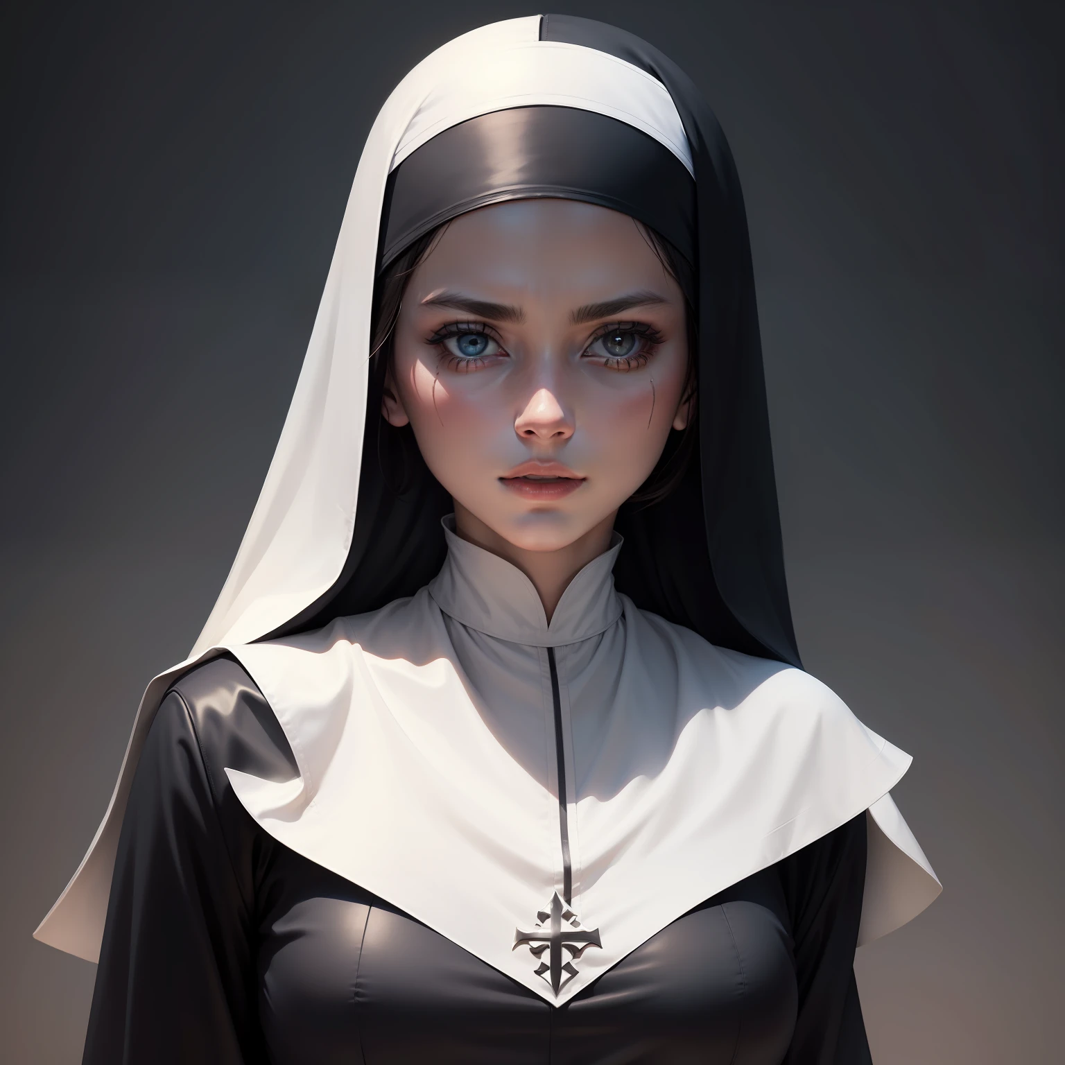 A highly realistic beautiful skin new nun, ultra HD 4k, the background can be dark.