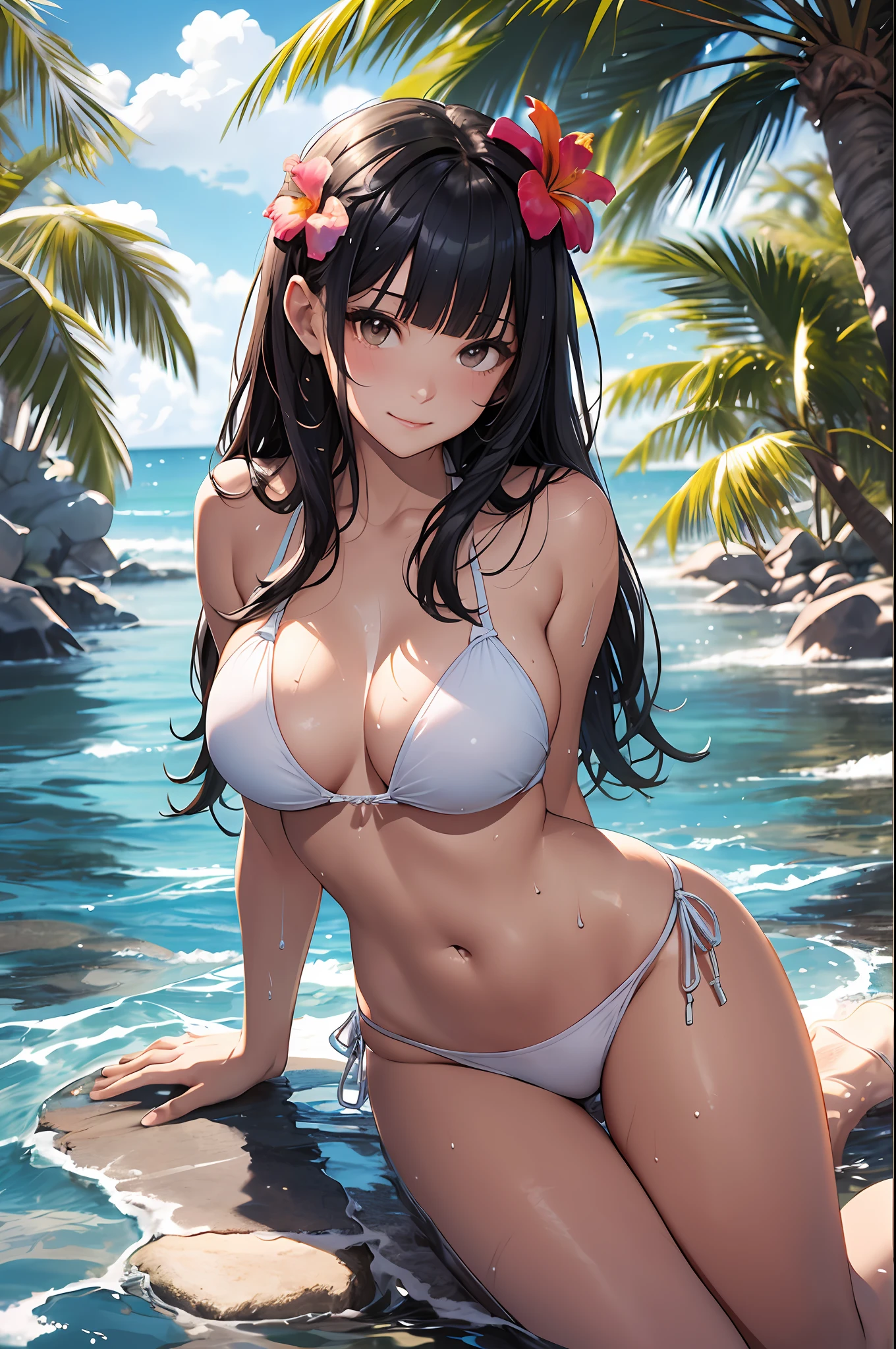 (top-quality、in 8K、32K、masterpiece、nffsw、ighly detailed、Impresionismo:1.2)、Full body, (blue open sky、Tropical seas、Palm trees:1.4)、realistic shadow、beauitful face、blurry backround、16-year-old beautiful girl、glossy wet skin, Beautiful hair in wet black、Blunt bangs、 side poneyTail、Brown eyes、beauitful face、blurry backround、Wet Light White Bikini Swimsuit、flipflops、Floral hair ornament、A slight smil、skin tanned、Curve、