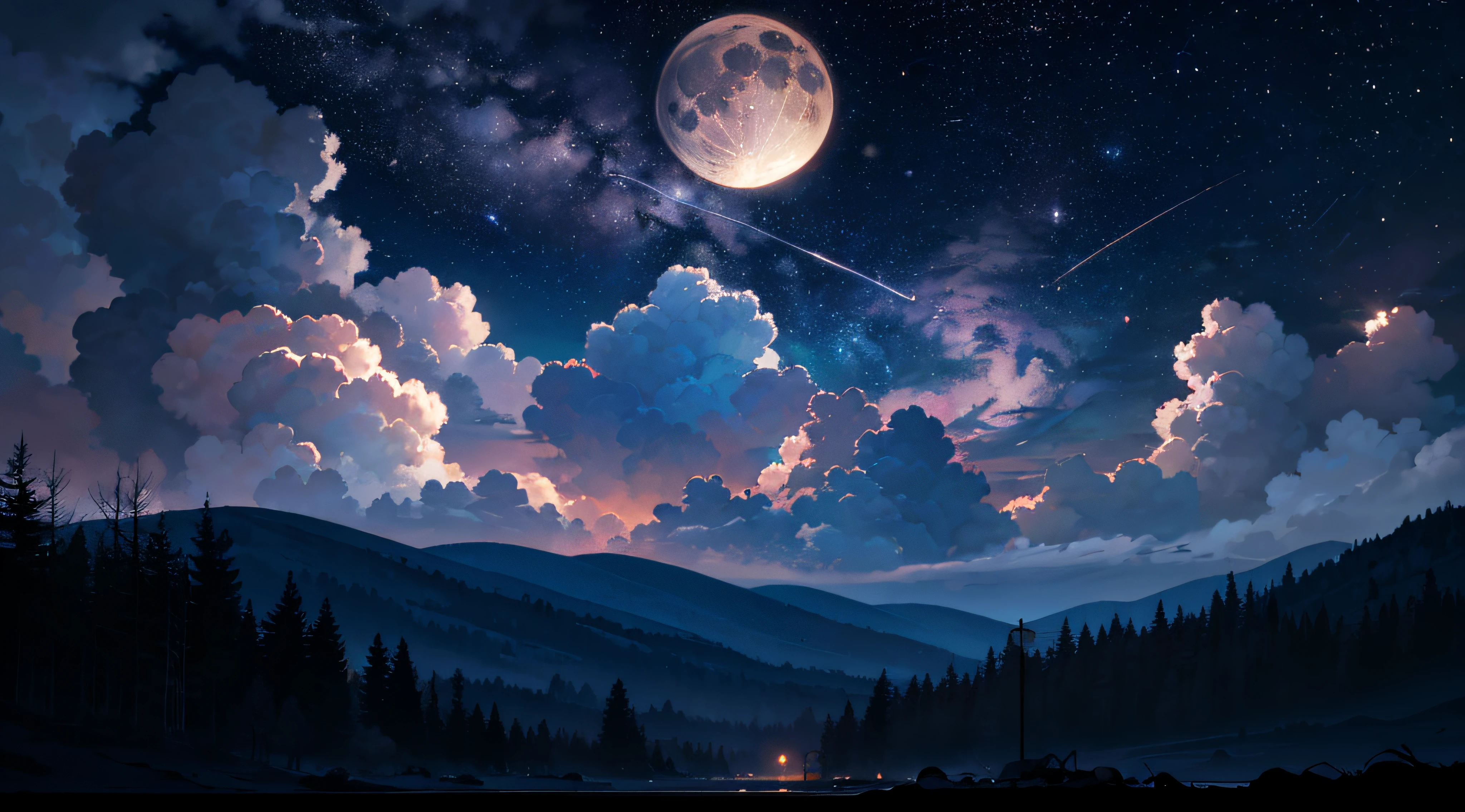 Expansive landscape photograph,(moon full:1.2),(meteors:0.9),(Starcloud:1.3),(Warm light source:1.2),(glowworm:1.2),lamp lights,Lots of purple and orange,Complicated details,Volumetriclighting,Realism BREAK(tmasterpiece:1.2),(best qualtiy),8K,Ultra-detailed,(dynamic compositions:1.4),The is very detailed,Colorful details,(Irridescent color:1.2),(luminouslighting,Atmospheric lighting),dream magical,magical,(独奏:1.2),((best qualtiy)), ((tmasterpiece)), (the detail:1.4),depth of fields,maximum definition and sharpness,perfectly proportions,Fluttering clouds,Wallpapers