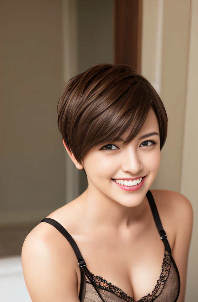 Short-haired boyish shorthair lingerie Brown hair seducting smile Colossal tits