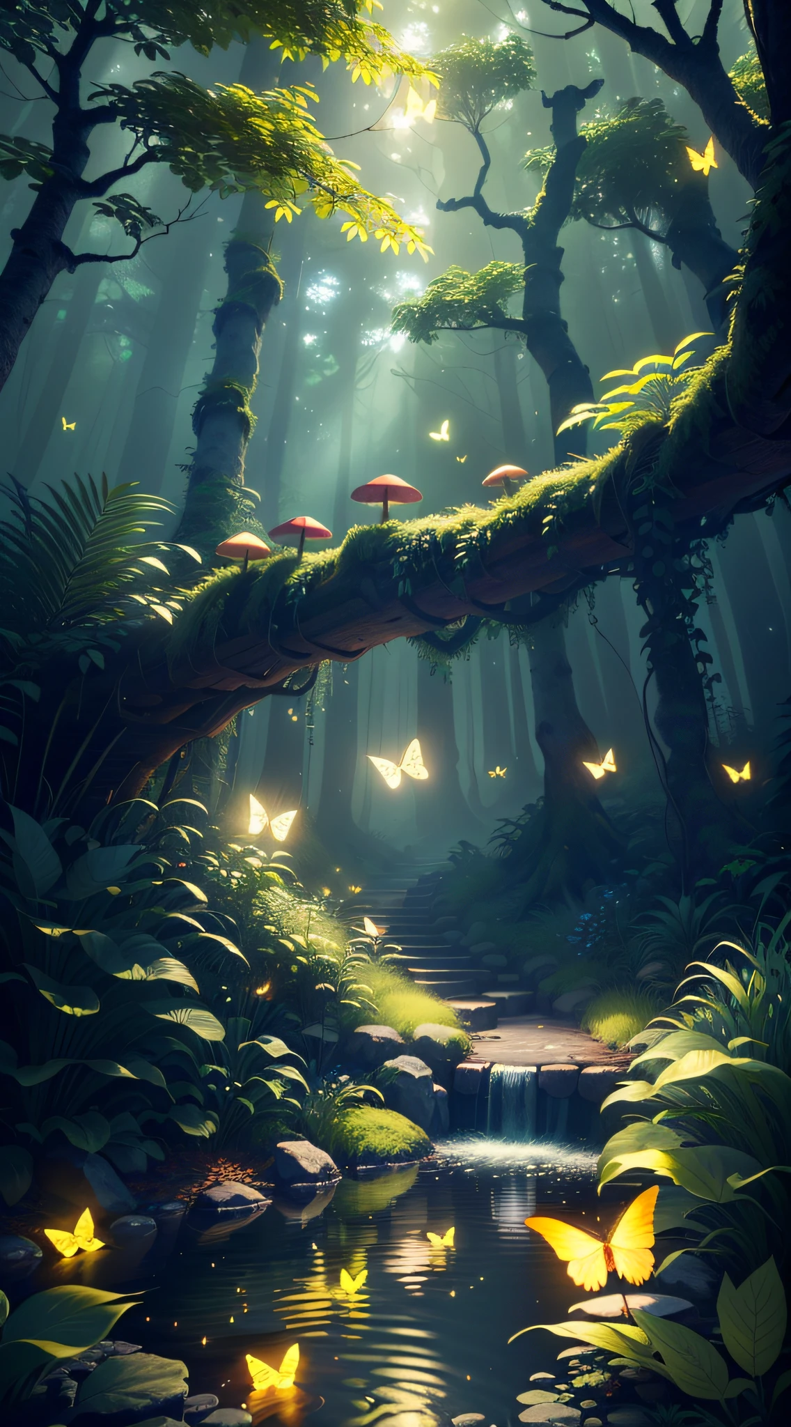 A masterpiece, the best quality, stunning reflections, the best reflections ever. (very detailed CG unity 8k wallpapers), (best quality), (best illustrations), (best shadows), forest theme with natural elements. Tall trees, quiet streams, small glowing mushrooms surrounded by delicate leaves and branches, with fireflies and glowing particle effects,, (natural elements), (jungle theme), (leaves), (twigs), (fireflies), butterflies, (delicate leaves), (glow), (particle effects). , Isometric 3D, Octane Rendering, Ray Traced, Super Detailed