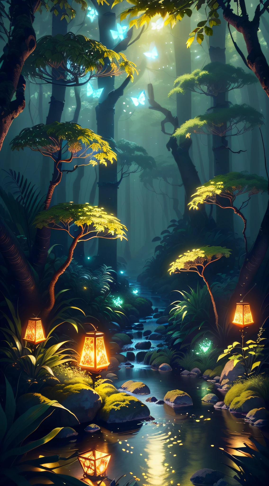A masterpiece, the best quality, stunning reflections, the best reflections ever. (very detailed CG unity 8k wallpapers), (best quality), (best illustrations), (best shadows), forest theme with natural elements. Tall trees, quiet streams, small glowing mushrooms surrounded by delicate leaves and branches, with fireflies and glowing particle effects,, (natural elements), (jungle theme), (leaves), (twigs), (fireflies), butterflies, (delicate leaves), (glow), (particle effects). , Isometric 3D, Octane Rendering, Ray Traced, Super Detailed