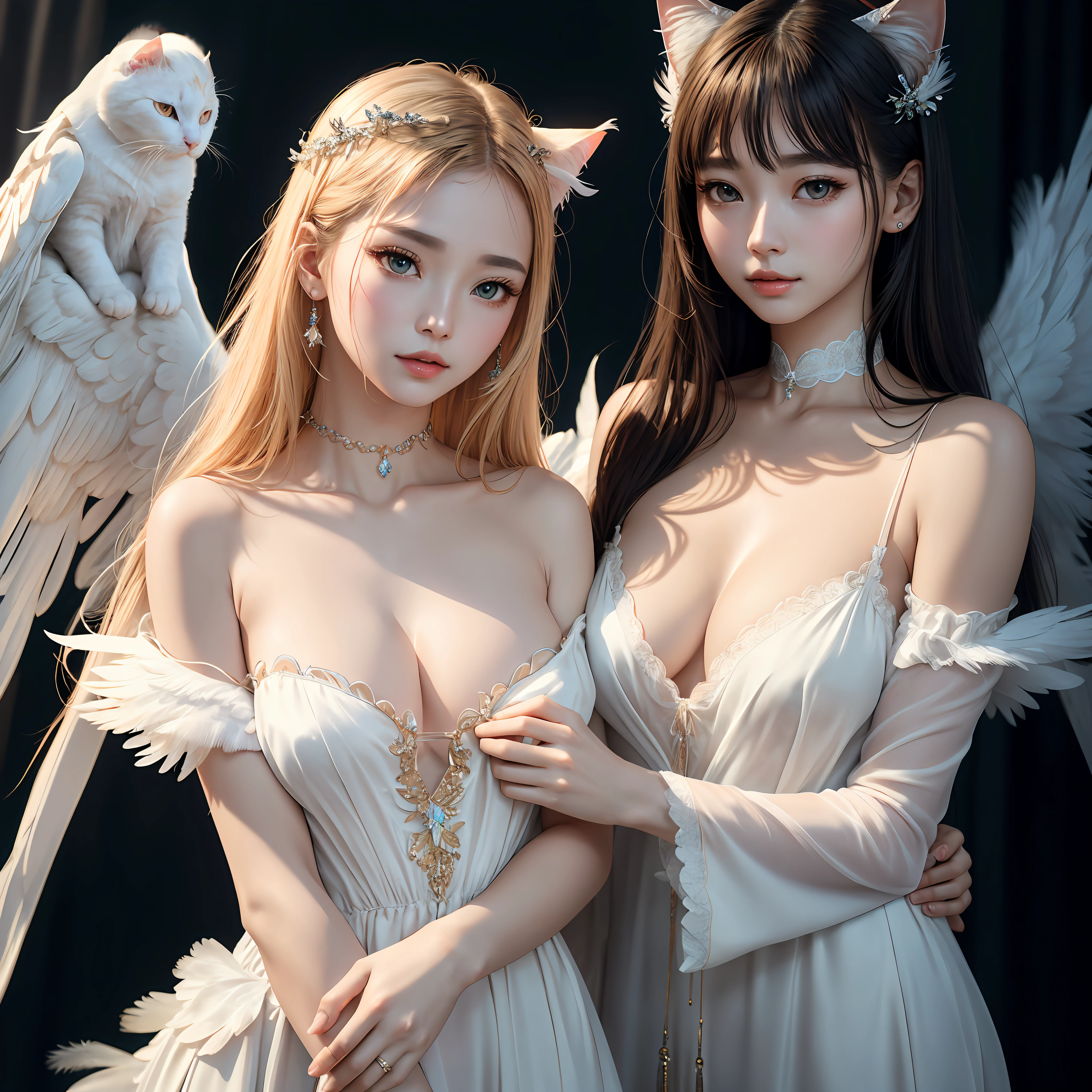 Angel and Cat、(8K、hightquality、Crystal clear to the touch、Like the photo、The feel of real human skin、odd eye、beautiful plumage、Clothes made of soft materials