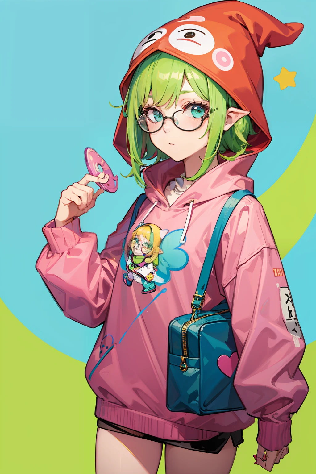1girl, gnome hat, wearing glasses, waering modern clothes, wearing candy oufit, bright colours, pink and green, blonde hair, high res,