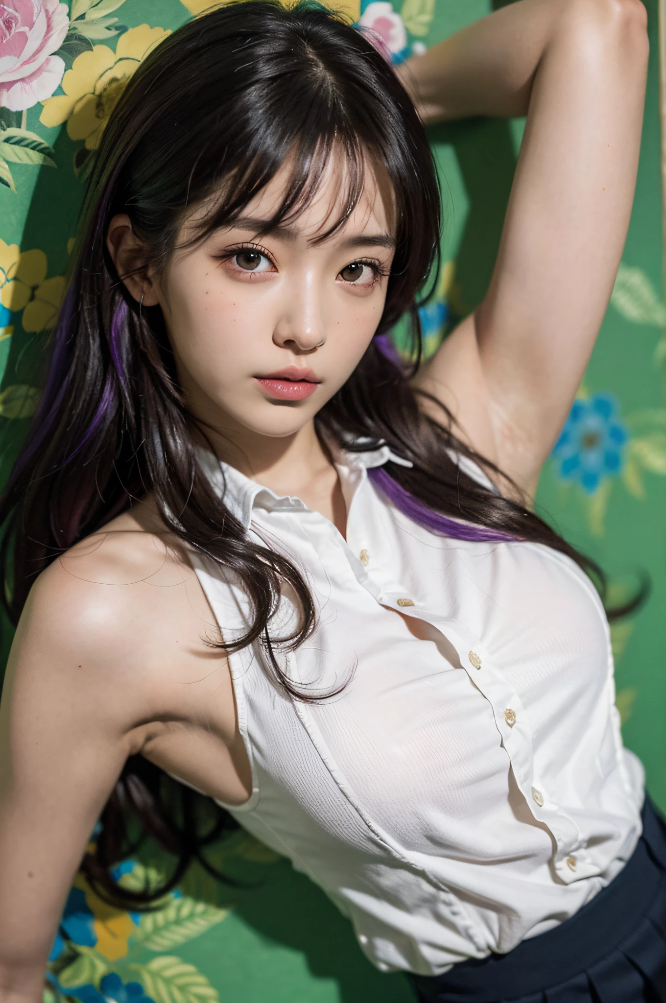 (A hyper-realistic), (illustratio), (hight resolution), (in 8K), (ighly detailed), (The best illustrations), (beatiful detailed eyes), (top-quality), (ultra-detailliert), (masterpiece), (wall-paper), (详细的脸), Reluctant face,Beautiful armpits,Hands tied,Purple hair color, ,Upper body close-up,Girl in high school uniform,Clothes are torn, japanes, Colossal tits, (camel's toe)