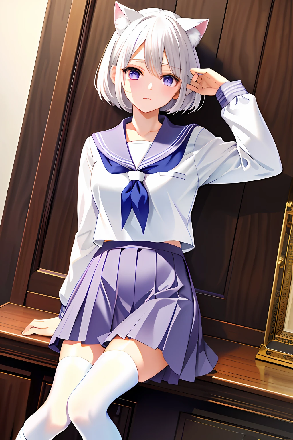 Masterpiece, Best quality, A high resolution, White hair, Purple eyes, school uniform, White shirt, Blue skirt, neckerchief, White socks, Pleated skirt, Long sleeves, hand on hips, white stockings, Melancholy eyes, cat ear