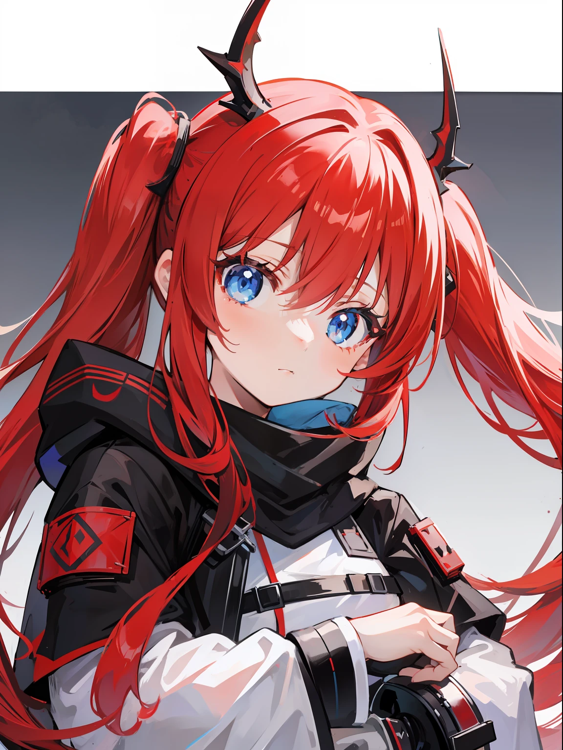 red hair, blue eyes, twintails,loli,solo,1 girl,Arknights,Dragon horns,cute face