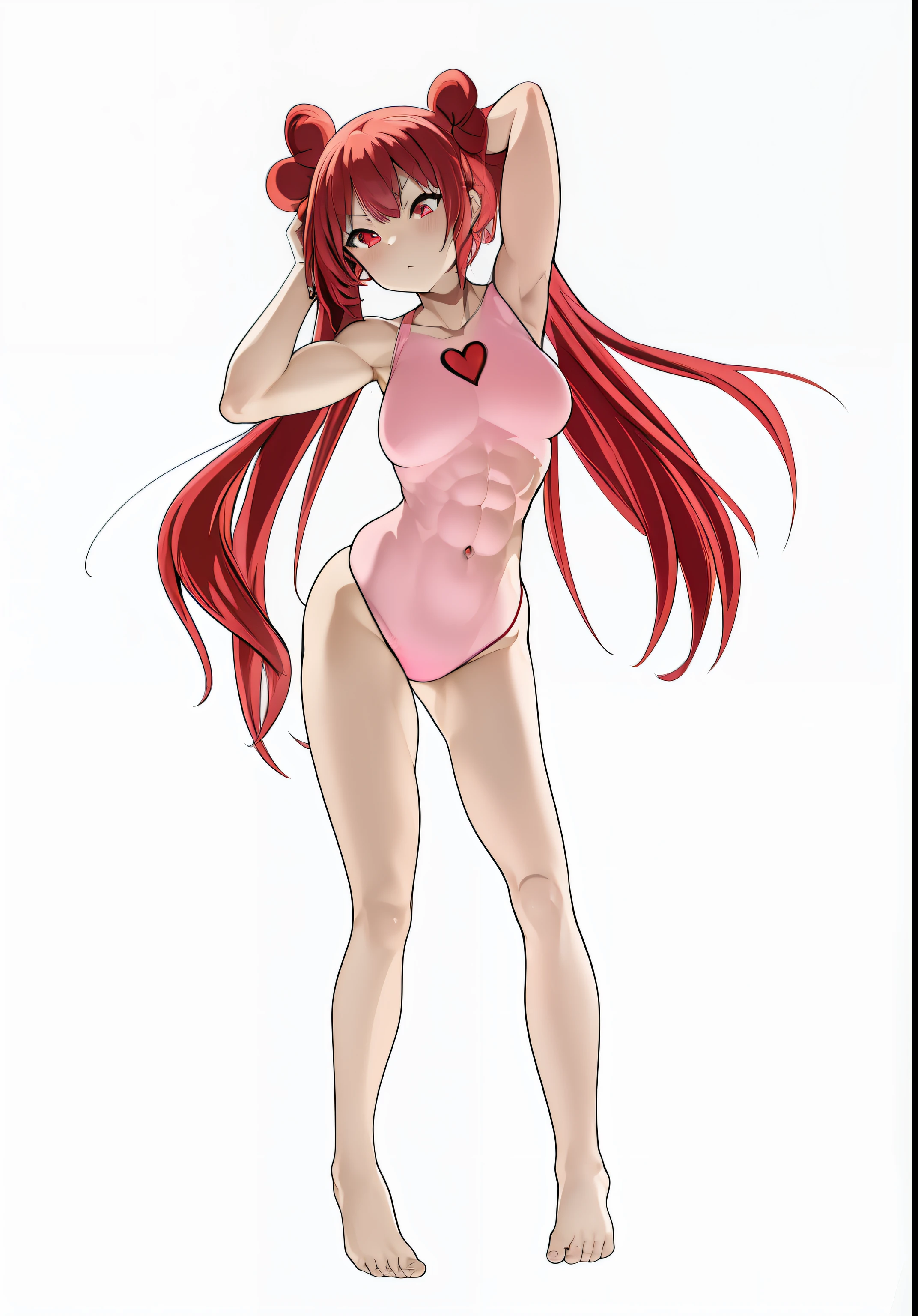anime girl in pink swimsuit, red hair, red eyes, full body portrait, slightly muscular, abs, beautiful, high res, ultrasharp, 8K, masterpiece,