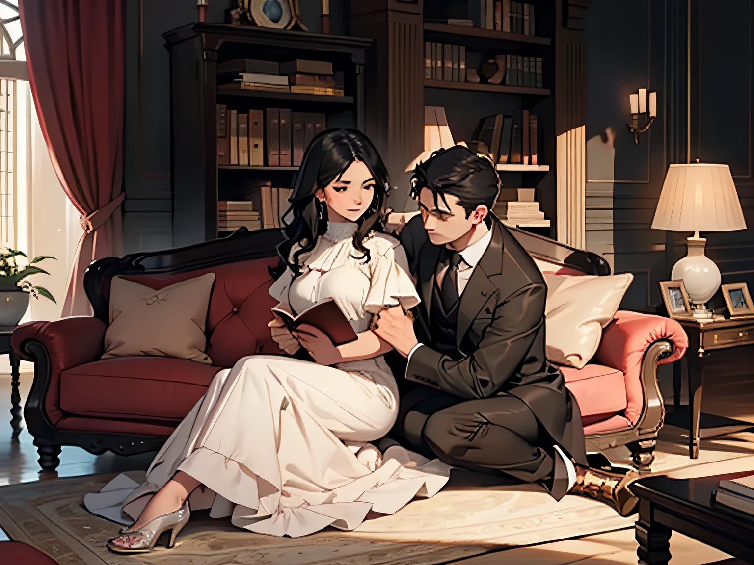A man in a brown suit with short black hair sat on the ground,With her head resting on a woman with long black hair in a pale pink dress,Woman sitting on sofa reading a book,luxury villa,liveroom,sofe,tvp,book case