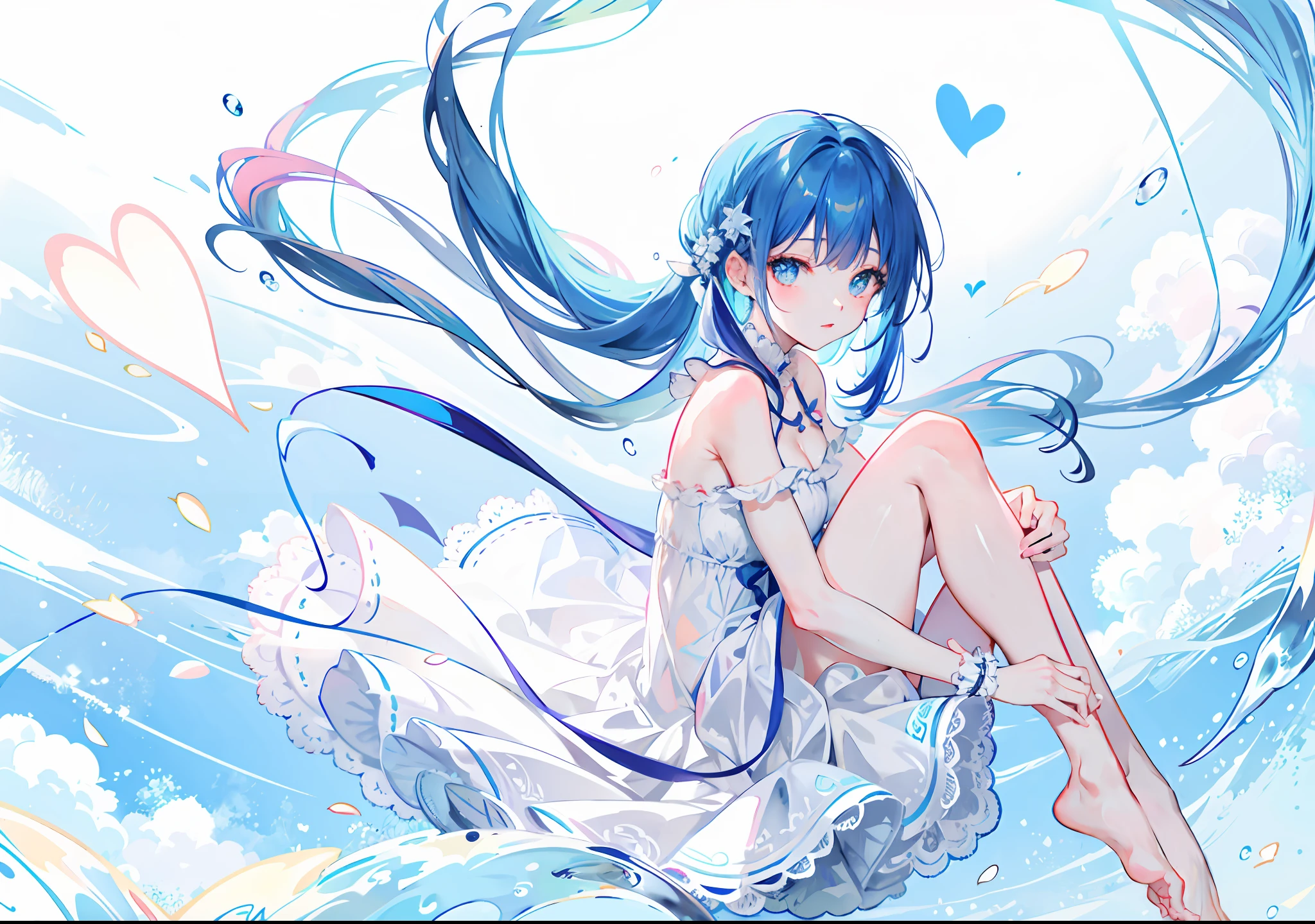 Blue hair, bangs pinned back, blue hair ribbon, Heart-shaped pupils, cheerfulness, Anime, Masterpiece,Blue ribbon, seductive anime girls, Anime moe art style, Anime! Slim legs cartoon style,,Barefoot,White leg rings,blue tint,Lace white dress girl bare legs, bare shoulders, hair decorated with flowers,heart - shaped pupils,Long eyelashes, fair skin,lips parted