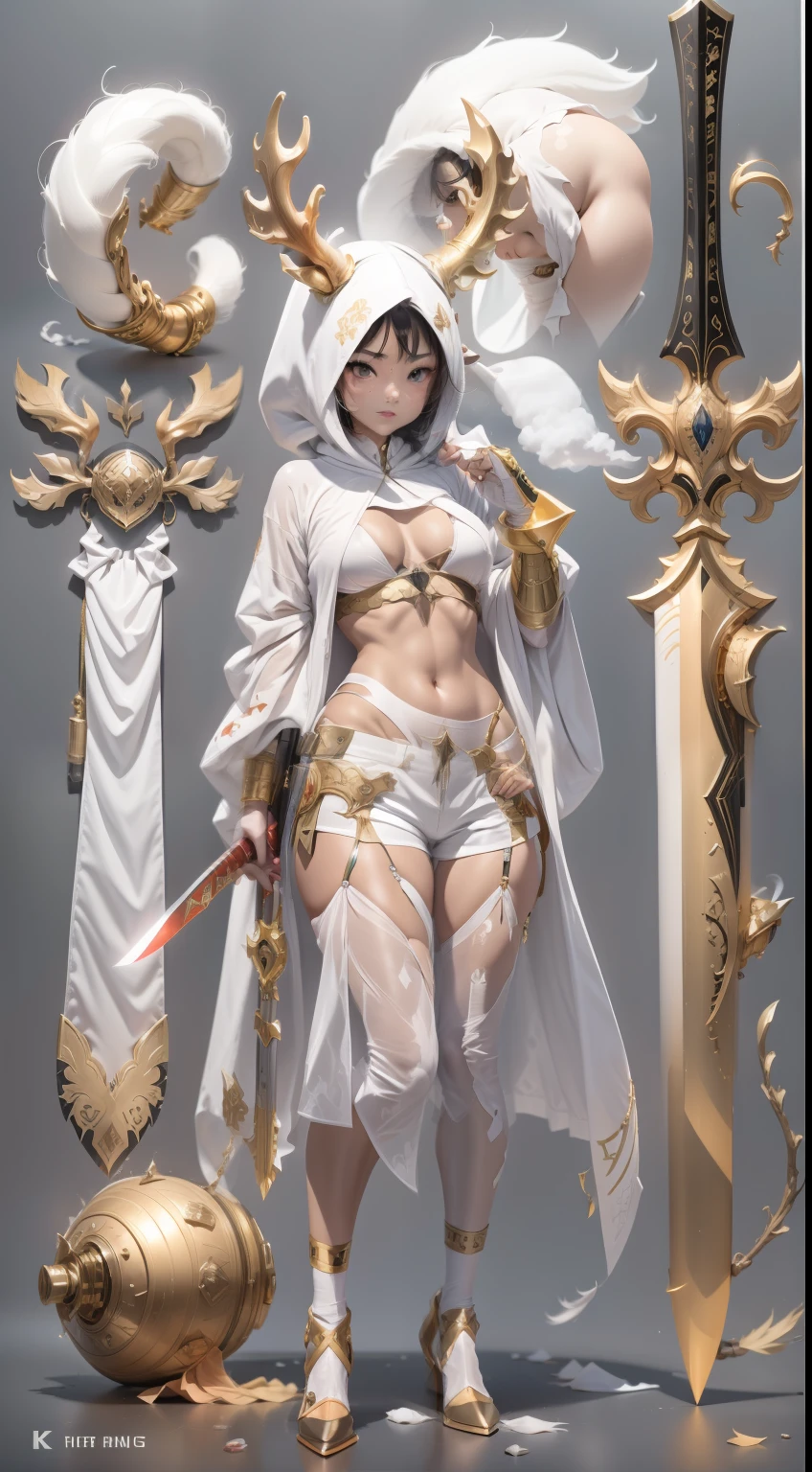 Copper model,Antler cap, Silver weapons,Hold future weapons, 32K, Linen cloak, Top quality, Masterpiece:Faust,,1 child, short detailed hair, thin fog, (tmasterpiece,k hd,hyper HD,16k),hold fists,blood sky, Brunette knife, Shorts smoke, thin fog, bandagens, sword sheath, masks, 独奏,Ivory white background