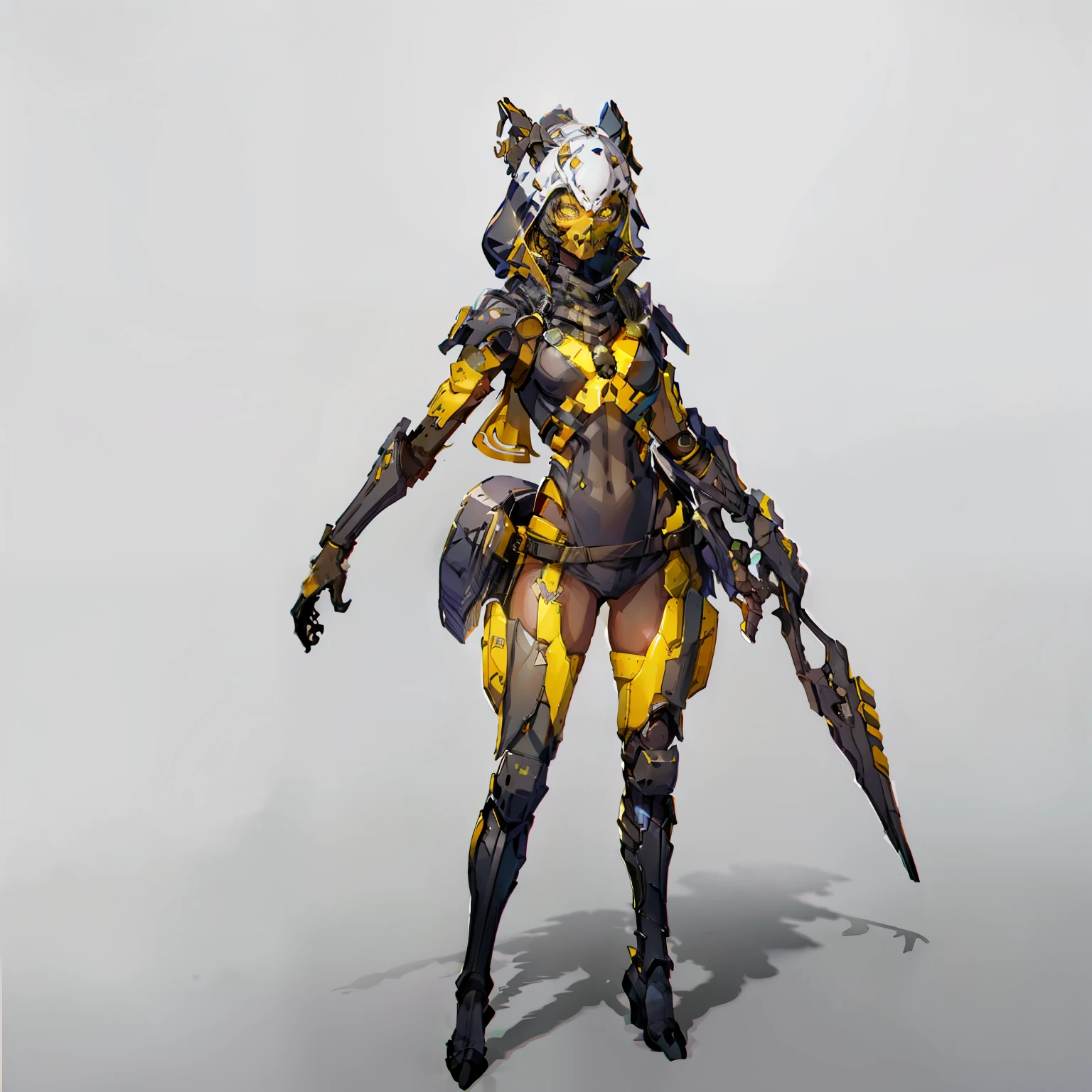 Female, No background, White background, Black skin color, Steel-like body, Yellow eyes, Cool,One Person, Wide Shot, long boots, skull mask