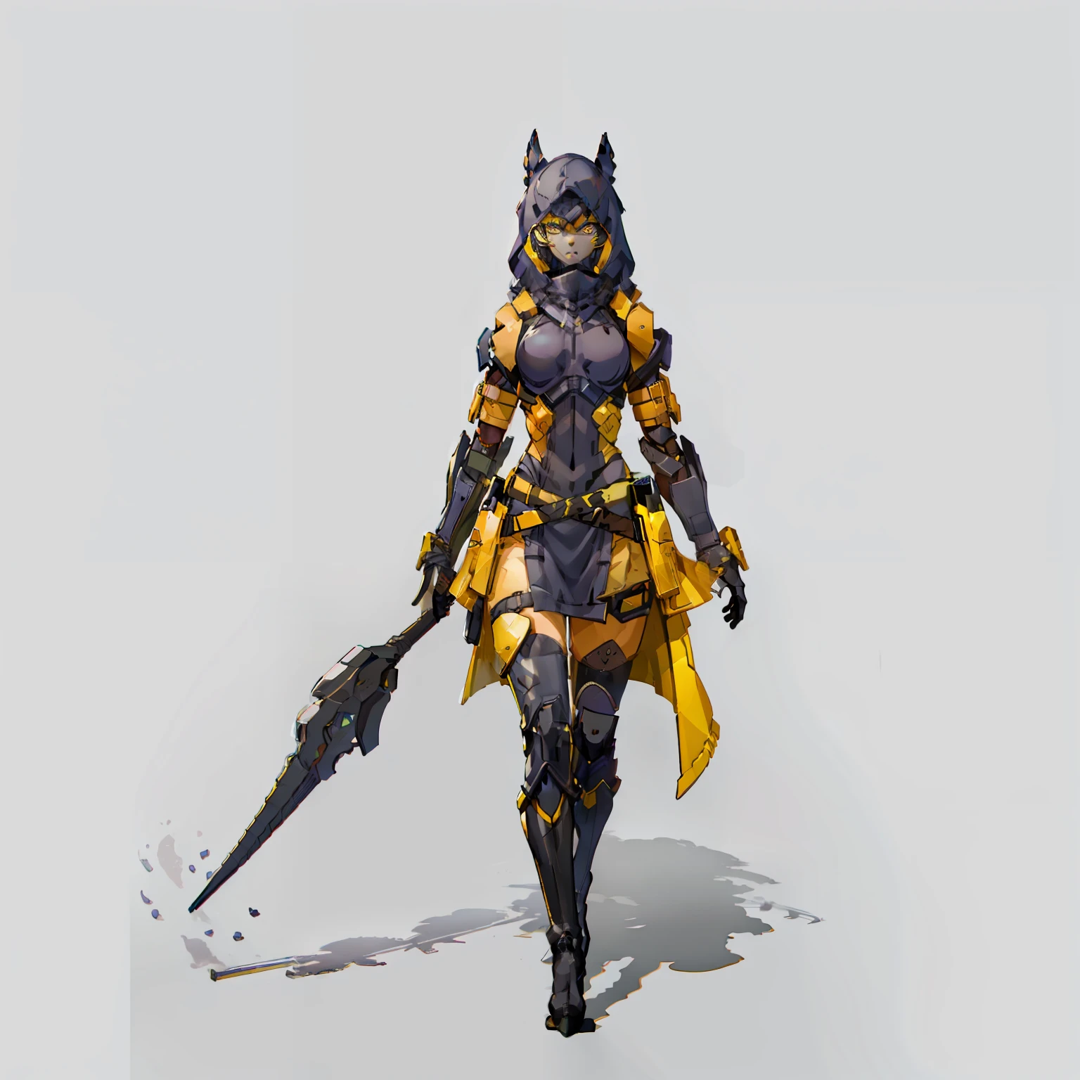 Female, No background, White background, Black skin color, Steel-like body, Yellow eyes, Cool,One Person, Wide Shot, long boots, skull mask