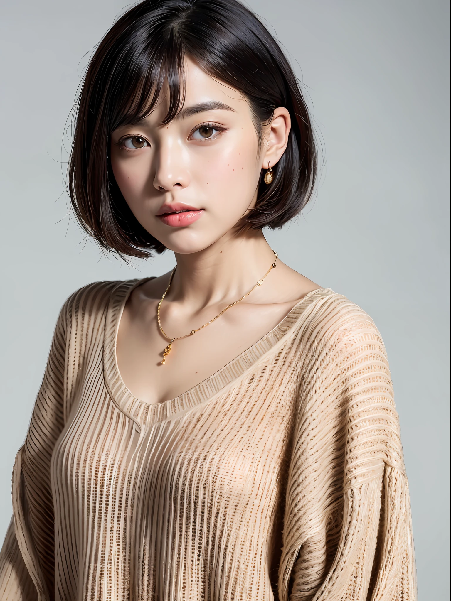 (Best quality, 8k, 32k, Masterpiece, UHD:1.2),Photo of Pretty Japanese woman, large breasts, very short bob hair,upper body,face focus,oversized_sweater, necklace, simple background, from above, looking at viewer,