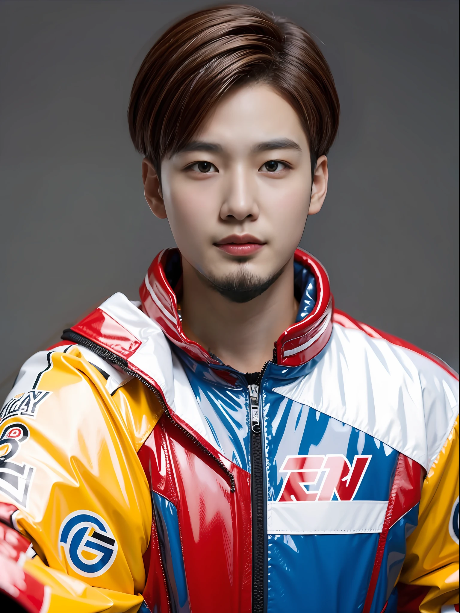 A 16-year-old male high school student,Wearing PVC red racing costume,Blue inch hairstyle