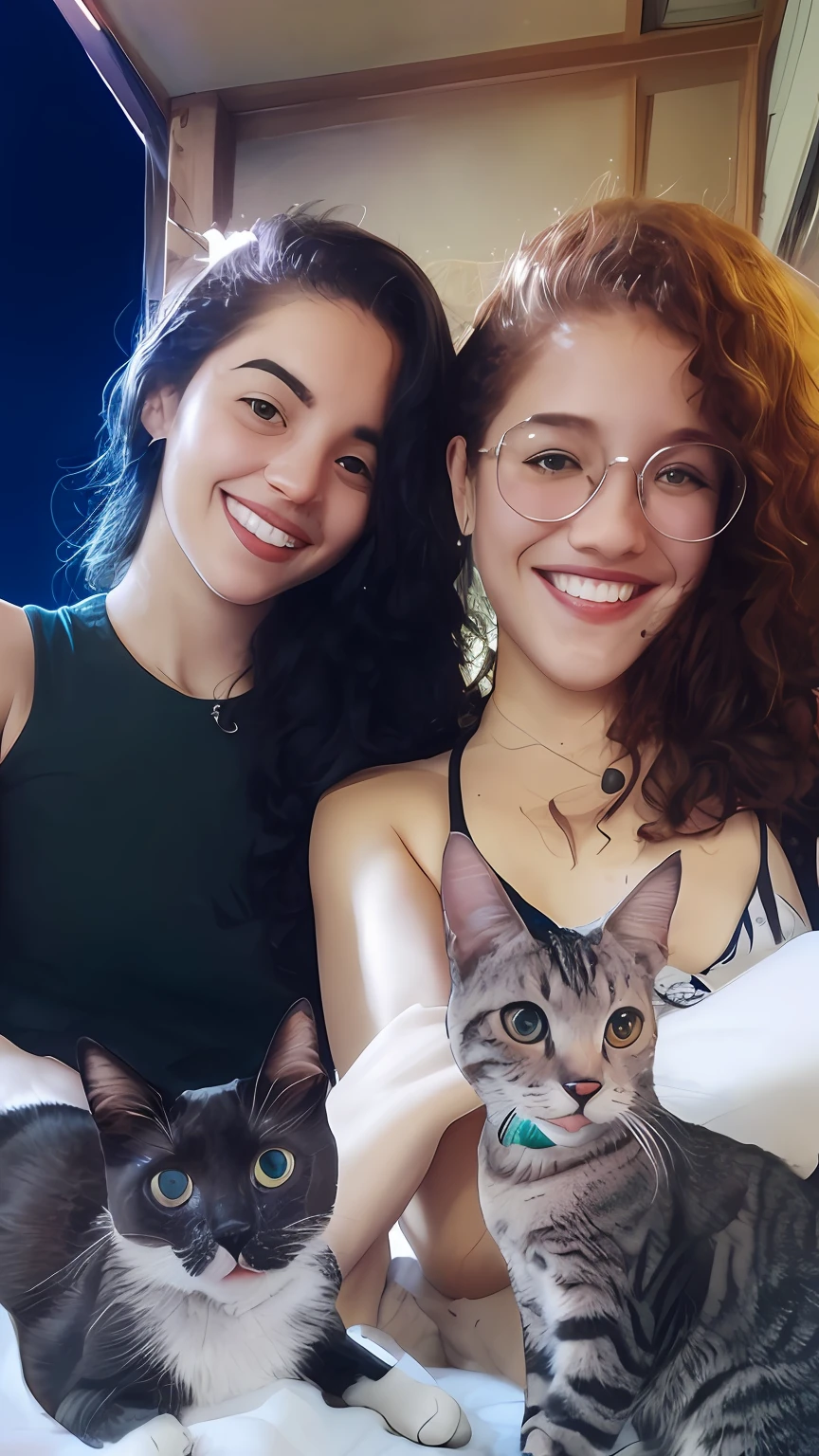 There are two women sitting next to a cat on a bed, com gatos ao seu lado
