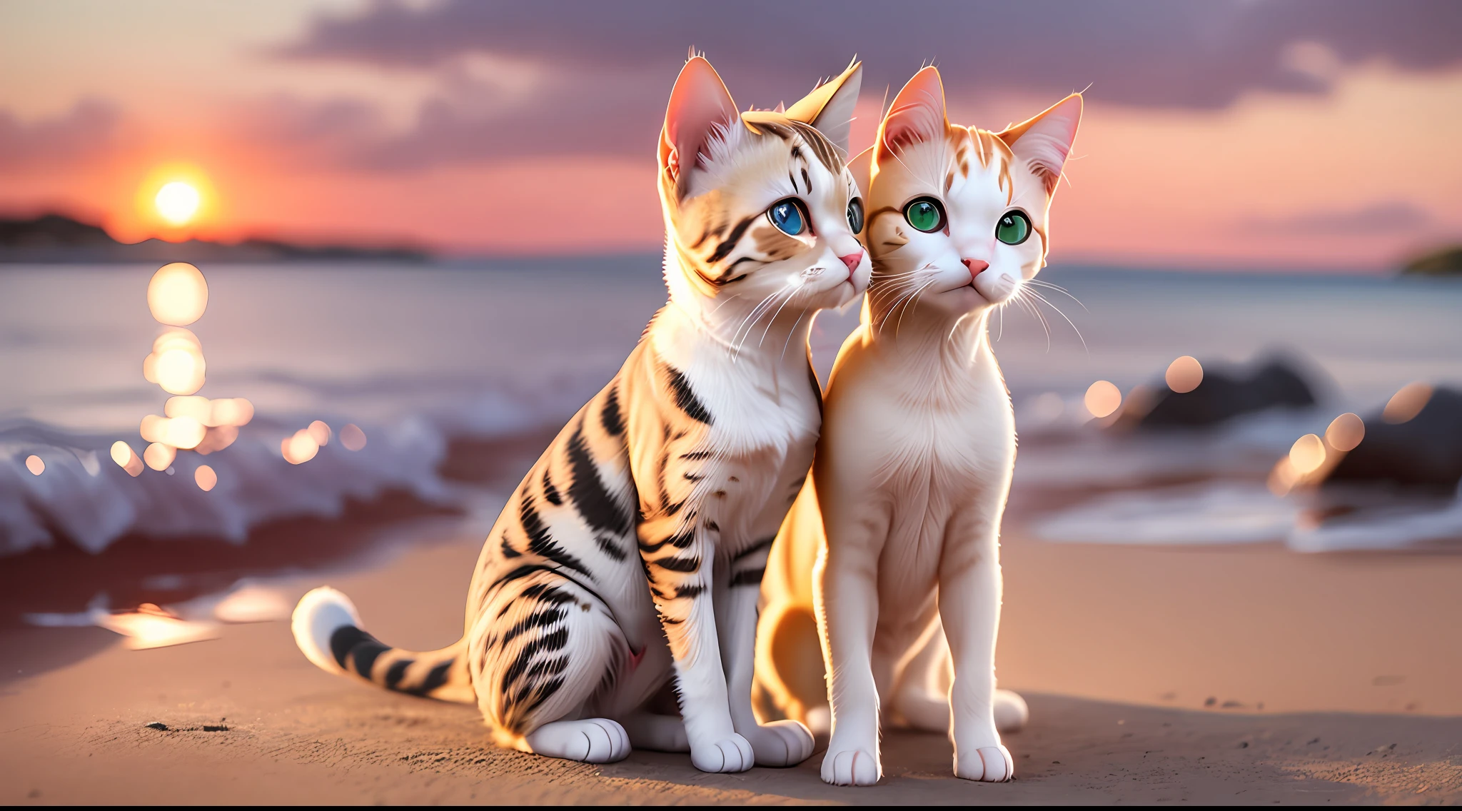 A yellow and white kitten and a large white and brown dog stand in front of a sunset on a paradise island , Gato, Cachorro , Sem humanos, foco bicho, Realistic, bicho, piso, Bigodes, sentado, Sunset, blurry background, olhos verdes, sentado, cheio_Corpo, ao ar livre, Blurry, Backlighting, Blurry