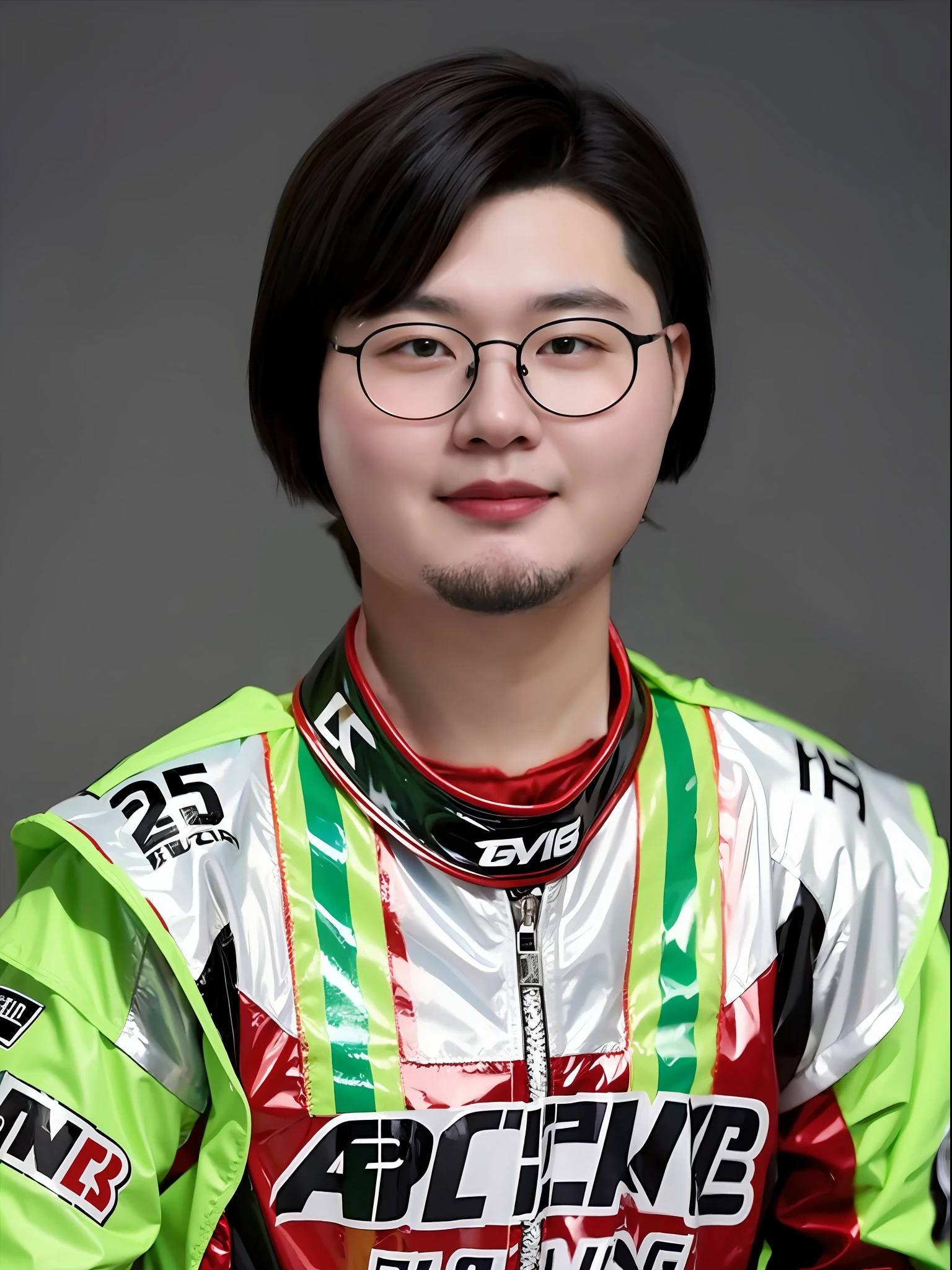 A 16-year-old male high school student,Wearing PVC red racing costume,Green medium hair style
