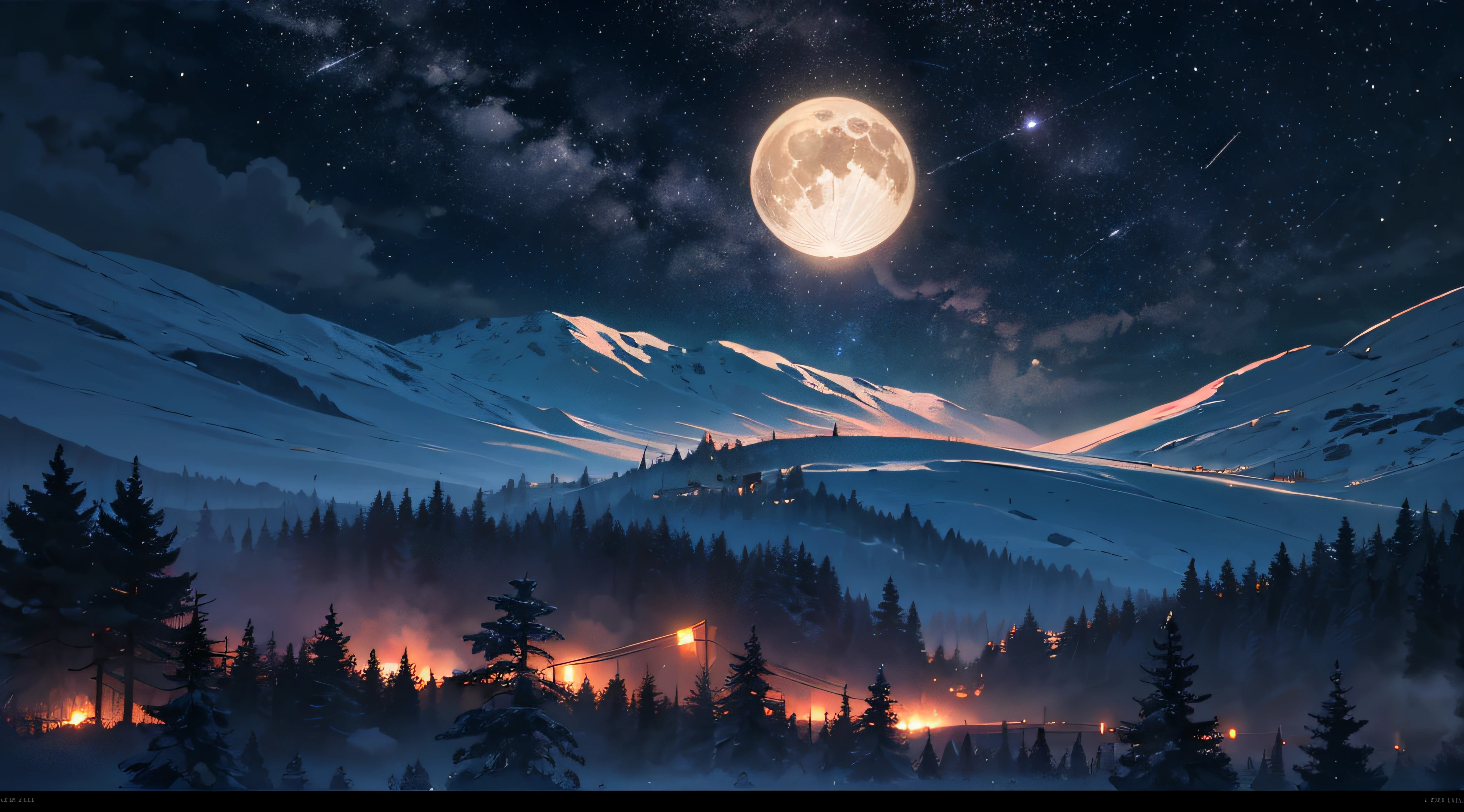 Expansive landscape photograph，（moon full：1.2），（meteors：0.9），（Starcloud：1.3），（Warm light source：1.2），（glowworm：1.2），lamp lights，Lots of purple and orange，Complicated details，Volumetriclighting，Realism BREAK（tmasterpiece：1.2），（best qualtiy），8K，Ultra-detailed，（dynamic compositions：1.4），The is very detailed，Colorful details，（Irridescent color：1.2），（luminouslighting，Atmospheric lighting），dream magical，magical，（独奏：1.2），（（best qualtiy））， （（tmasterpiece））， （the detail：1.4），depth of fields，maximum definition and sharpness，perfectly proportions，Fluttering clouds，Wallpapers
