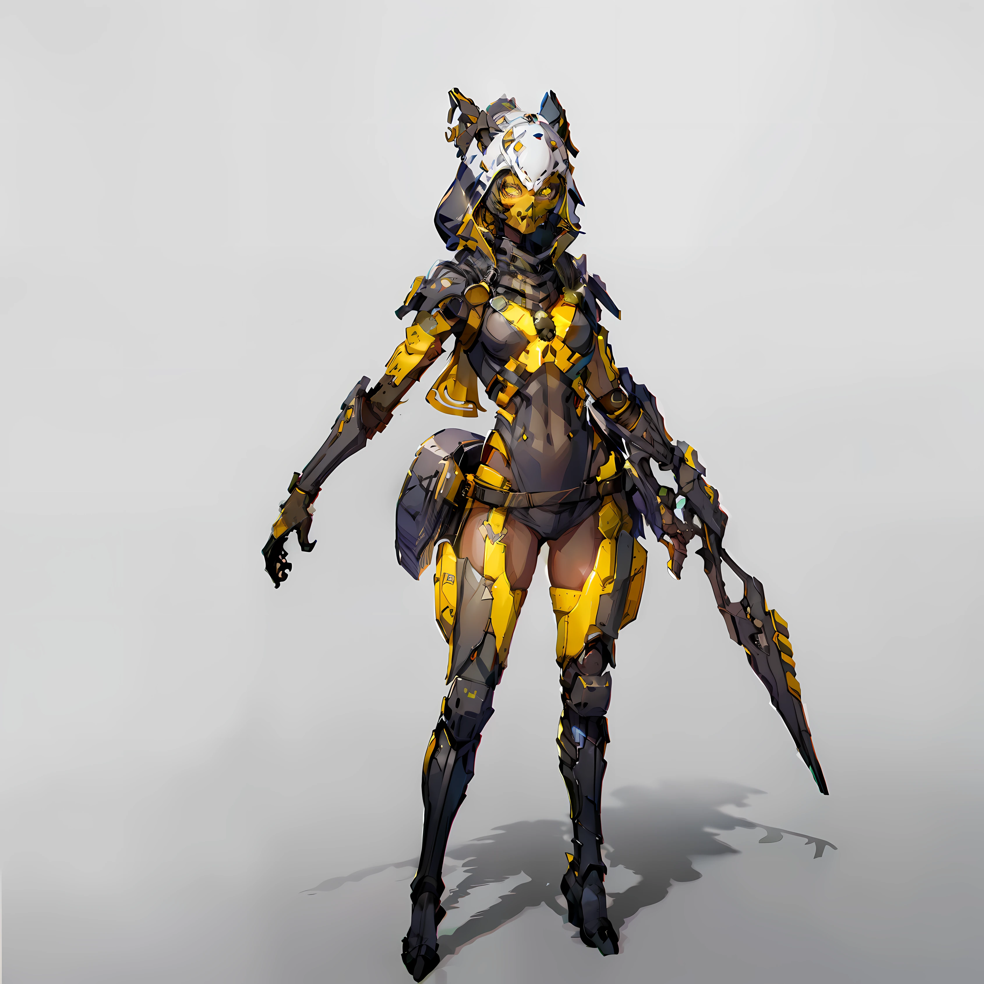 Female, No background, White background, Black skin color, Steel-like body, Yellow eyes, Cool,One Person, Wide Shot, long boots, skull mask