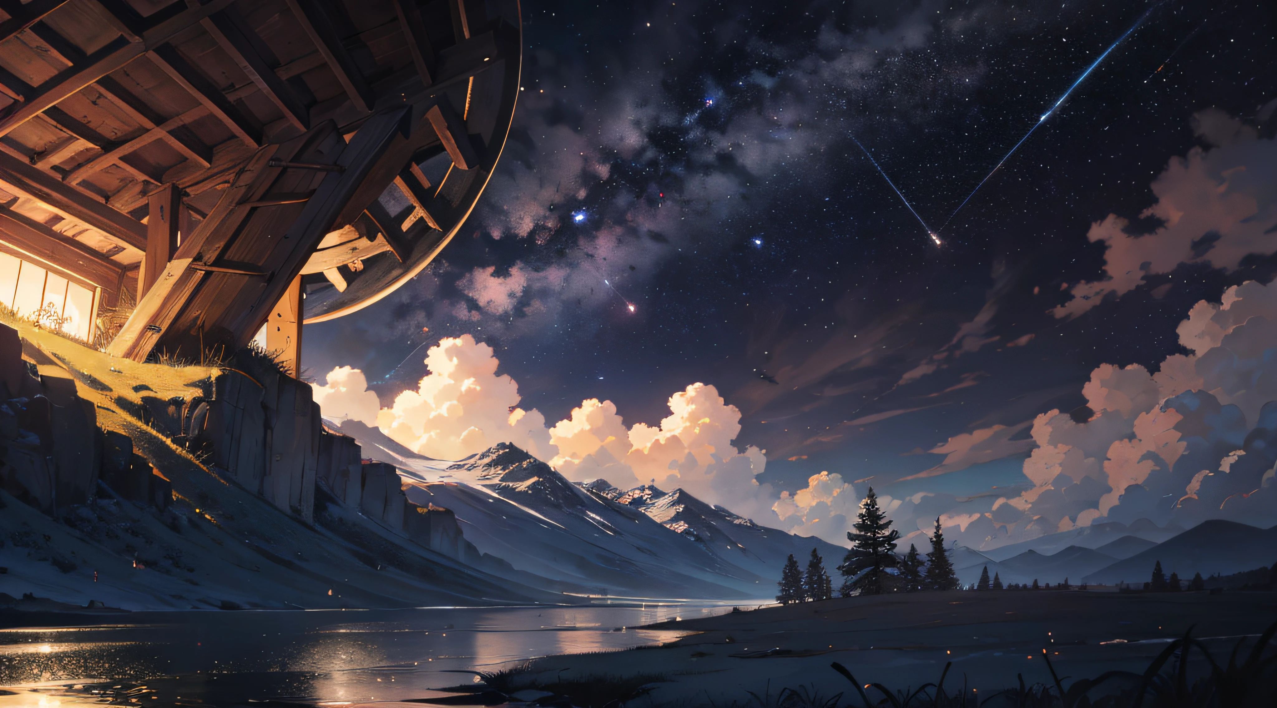 Expansive landscape photograph，（moon full：1.2），（meteors：0.9），（Starcloud：1.3），（Warm light source：1.2），（glowworm：1.2），lamp lights，Lots of purple and orange，Complicated details，Volumetriclighting，Realism BREAK（tmasterpiece：1.2），（best qualtiy），8K，Ultra-detailed，（dynamic compositions：1.4），The is very detailed，Colorful details，（Irridescent color：1.2），（luminouslighting，Atmospheric lighting），dream magical，magical，（独奏：1.2），（（best qualtiy））， （（tmasterpiece））， （the detail：1.4），depth of fields，maximum definition and sharpness，perfectly proportions，Fluttering clouds，Wallpapers