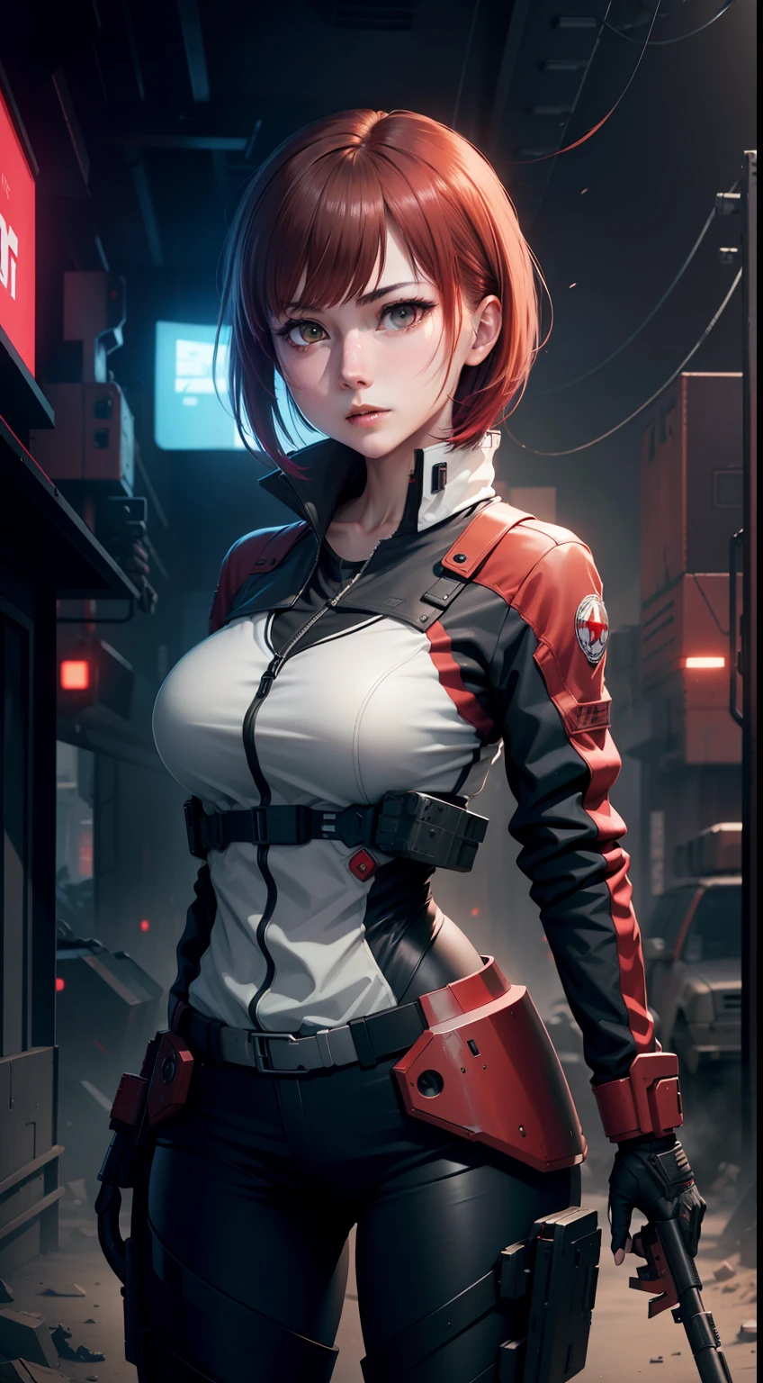 This is a hyper-detail、High resolution and top quality CG Unity 8k wallpaper，The style is cyberpunk，Mainly black and red。A beautiful girl with short hair in red messy appeared in the picture，s delicate face，Solemn eyes，The chest is slightly larger，standing on ruins，Behind him is a huge robot，The action of a woman holding a heavy sniper rifle in her hand，